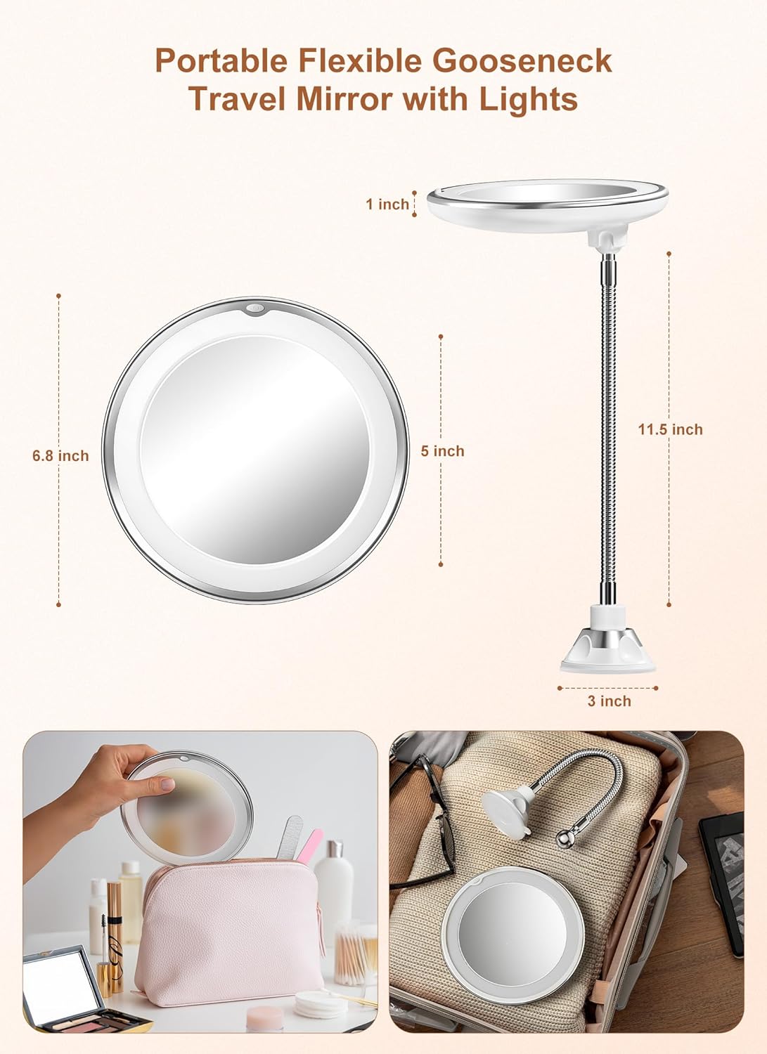 Brightown 10x Magnifying Makeup Mirror with Light - Flexible Gooseneck, Cordless Design, Suction Cups | Silver