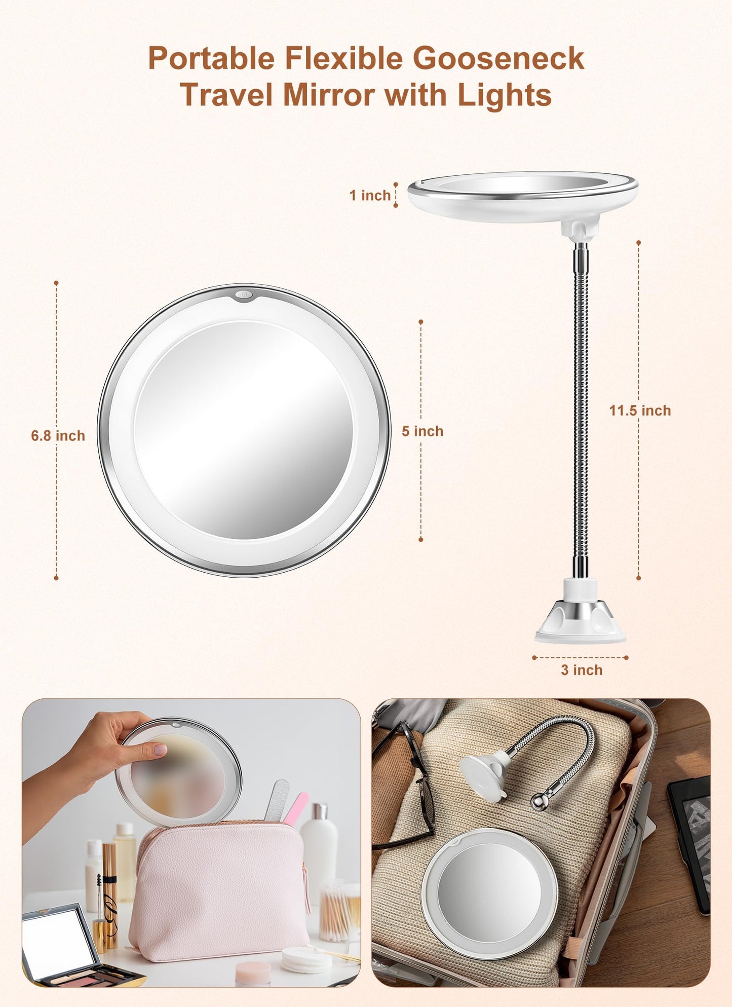 Brightown 10x Magnifying Mirror with Light, Flexible Gooseneck Make up Mirror with Lights and Magnification, Battery Operated Cordless with Suction Cups for Wall Bathroom Silver 1 Lighting