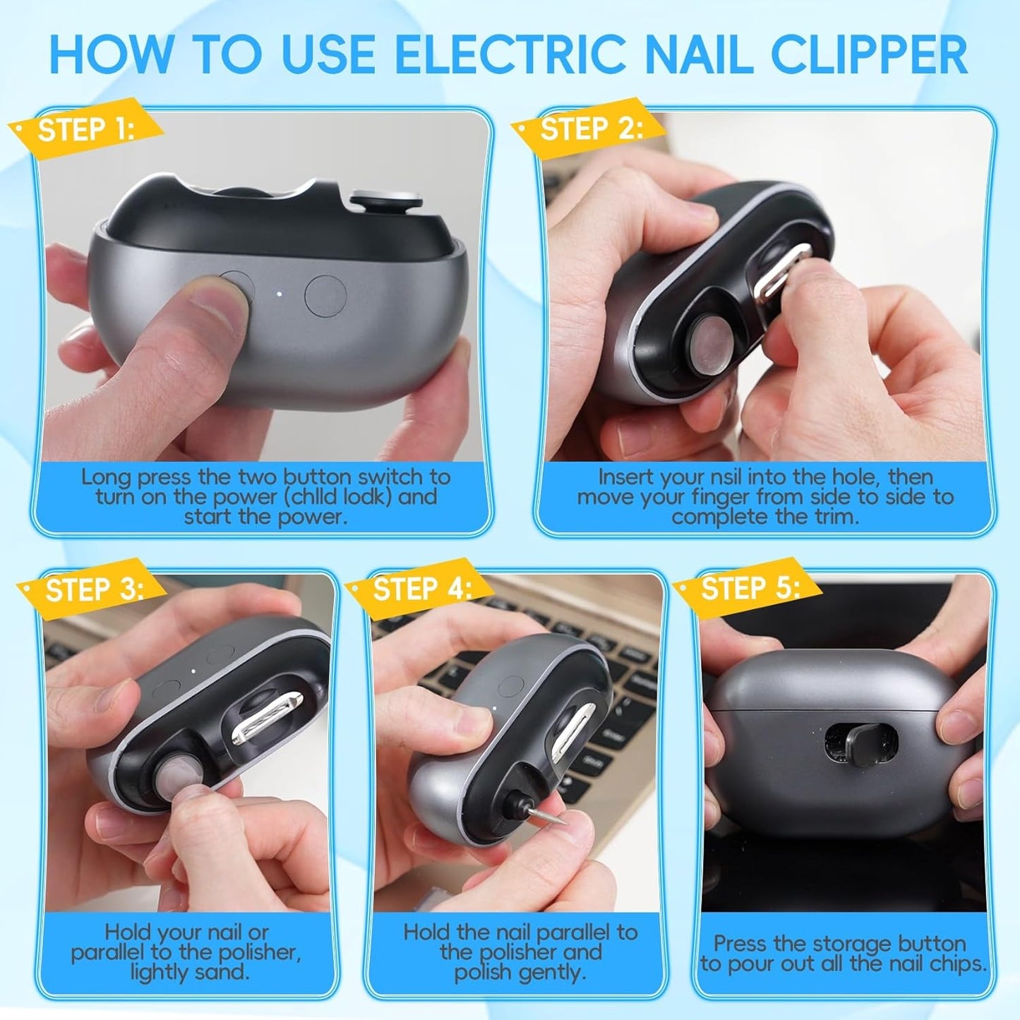 Electric Nail Clipper - 3 in 1 Trimmer & Polisher with LED Light | USB Rechargeable, 2 Speed for Babies & Seniors