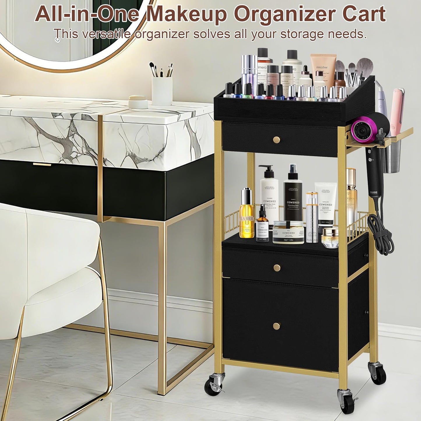 Makeup Organizer Cart - Rolling Vanity Storage with 3 Drawers & Detachable Hair Tool Holder | Gold & Black