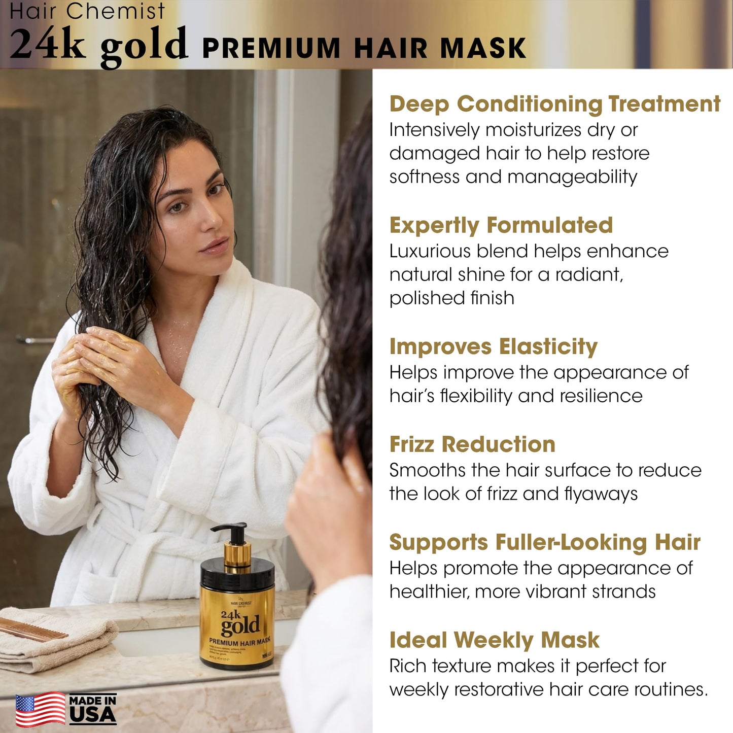 Hair Chemist 24k Gold Premium Hair Mask 15 oz. - Shine Enhancing, Frizz Reducting and Elasticity Improving Deep Treatment Hair Mask