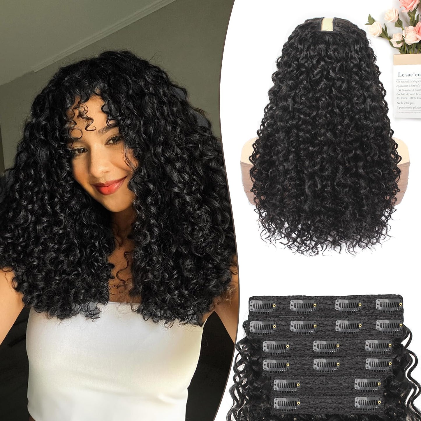 Curly Clip In Hair Extensions 6 Pcs 18 Clips Water Wave Clip Ins 100％ Pure Protein Silk Fiber Real Hair Feeling Full Head Double Lace Weft Soft Natural Hair Extensions for Women