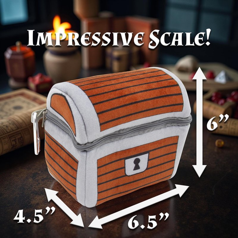 CASEMATIX Mimic Dice Chest and DND Dice Case with 7 Included RPG Dice - 6.5" Mimic Chest Dice Bag with Zipper Closure and Carabiner for 150 Dice, Protective Novelty Dice Holder for Tabletop Dice