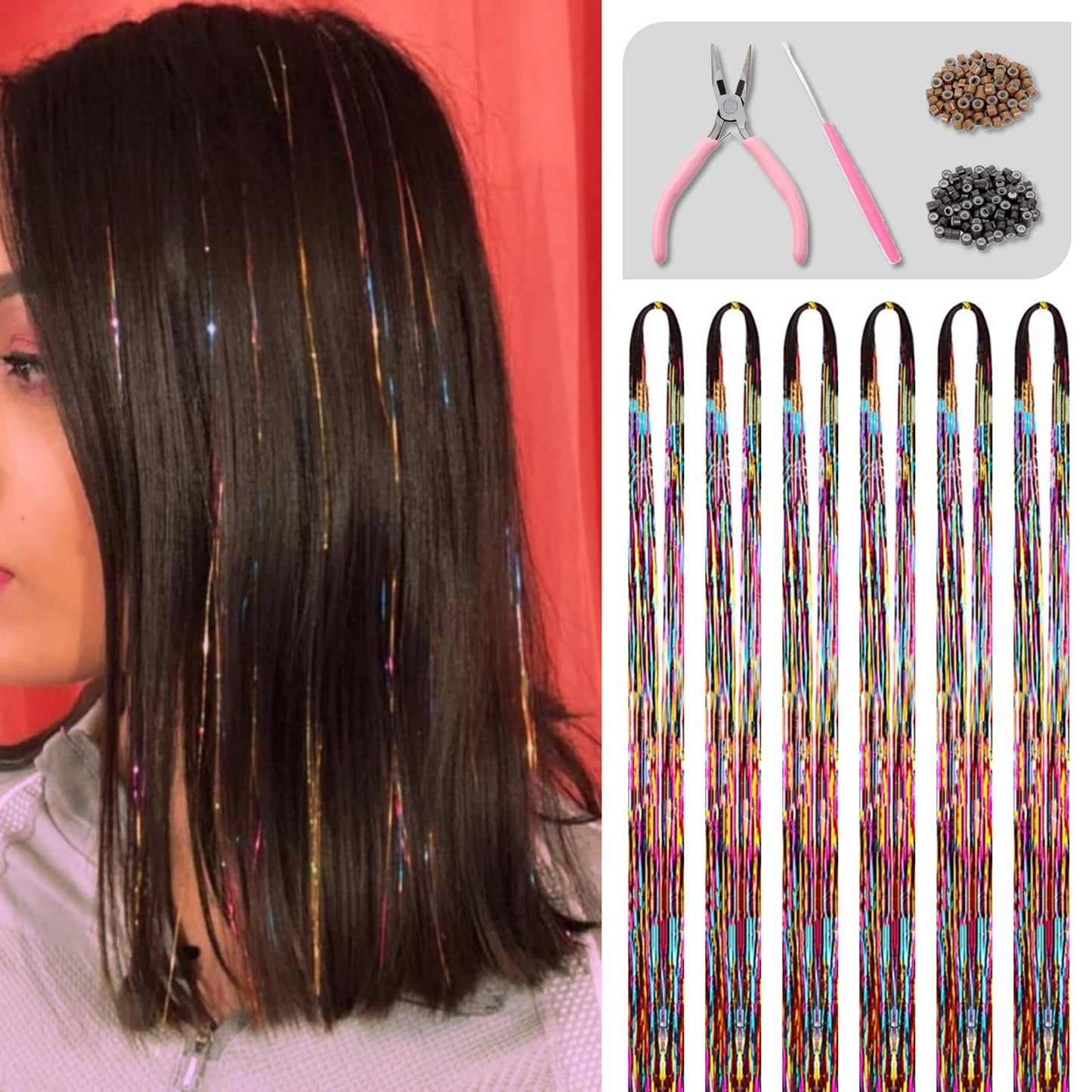 Rainbow Hair Tinsel Kit with Tools and Instruction Easy to Use 1200 Strands 48 Inches Glitter Tinsel Hair Extensions for Women and Girls, Sparkling Shinny Fairy Hair Accessories for Christmas New Year Halloween Cosplay Party
