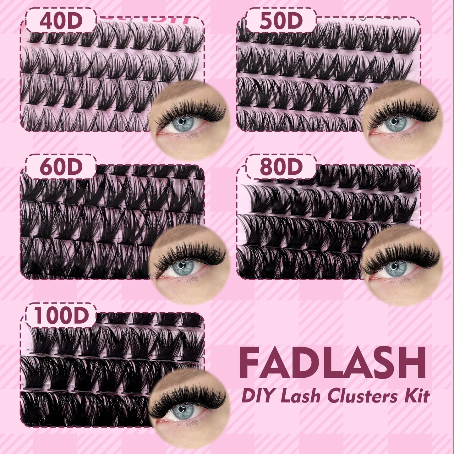 FADLASH Lash Clusters Kit 40D+50D+60D Natural Wispy Eyelash Clusters Kit