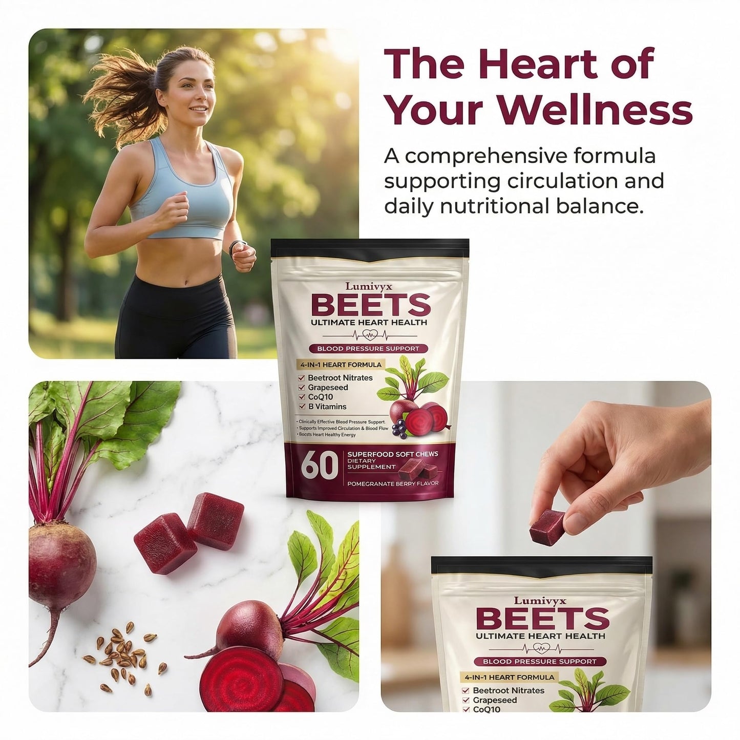 Jqewlg Lumivyx Beet Chews - Beetroot with Grape Seed Extract & CoQ10, Nitric Oxide Support Formula for Circulation & Daily Energy, Pomegranate Berry Flavor, Non-GMO, Gelatin-Free - 60 Chews