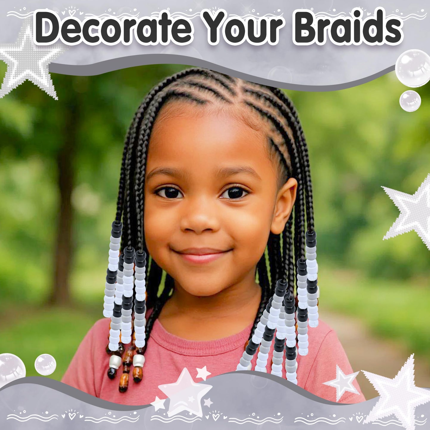 NAISKA 200PCS Black Pony Bead White Gray Hair Beads for Locs Small Flat Braids Beads 4 Colors Hair Accessories for Kids Girls Boys