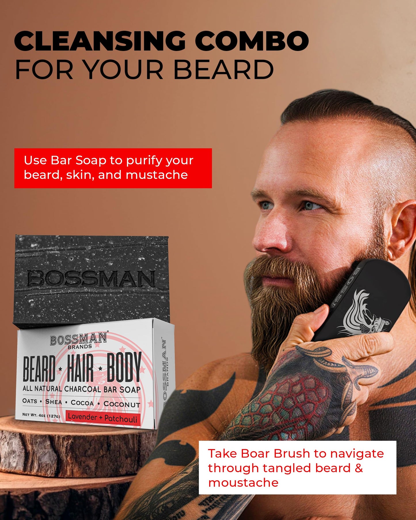 Bossman Big Boss Beard Care Kit for Men - Dad Gifts for Father's Day, 7 Piece Beard Grooming Kit, Jelly Beard Oil, Beard Conditioner, Beard Balm, MUDstache Wax, Bar Soap, Metal Comb, Brush (Royal Oud)