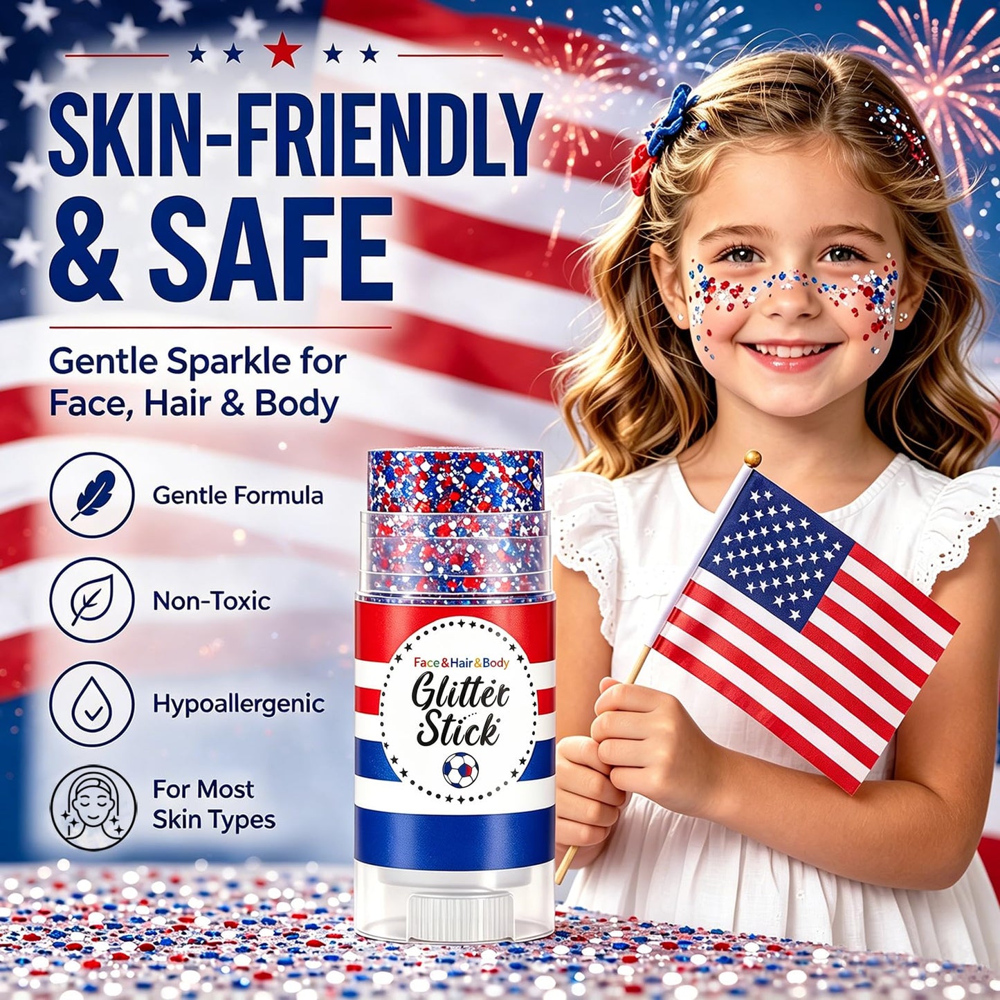 Patriotic 4th of July Glitter Stick,Sparkle Red White and Blue Face Hair Body Glitter,4th of July Outfits & Accessories for Women Kids,Waterproof Glitter Makeup for 250th Independence Day Anniversary