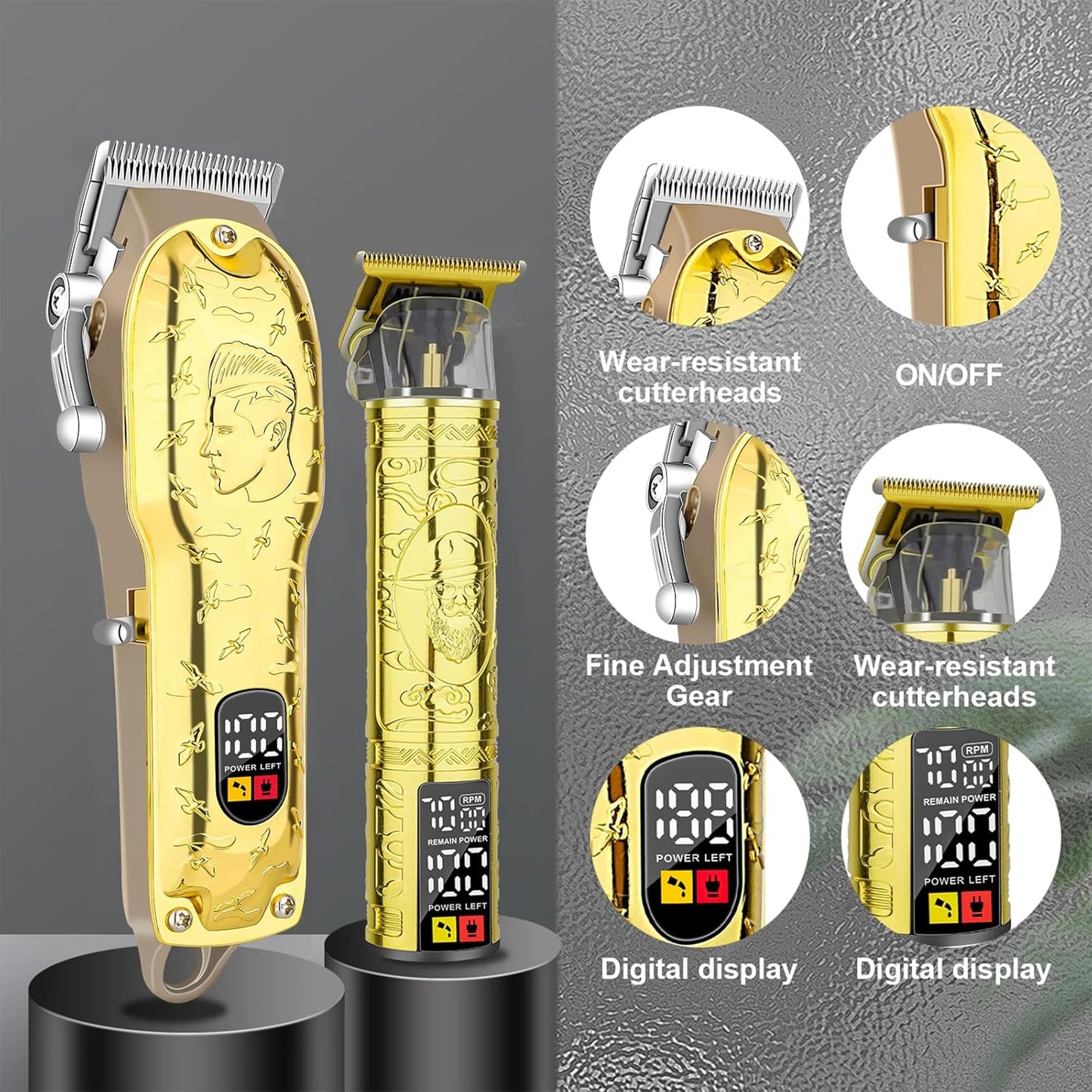Men's Gold Hair Clippers - Cordless Professional Barber Trimmers with LED Display | Electric Grooming Kit for Haircuts & Beard Trimming