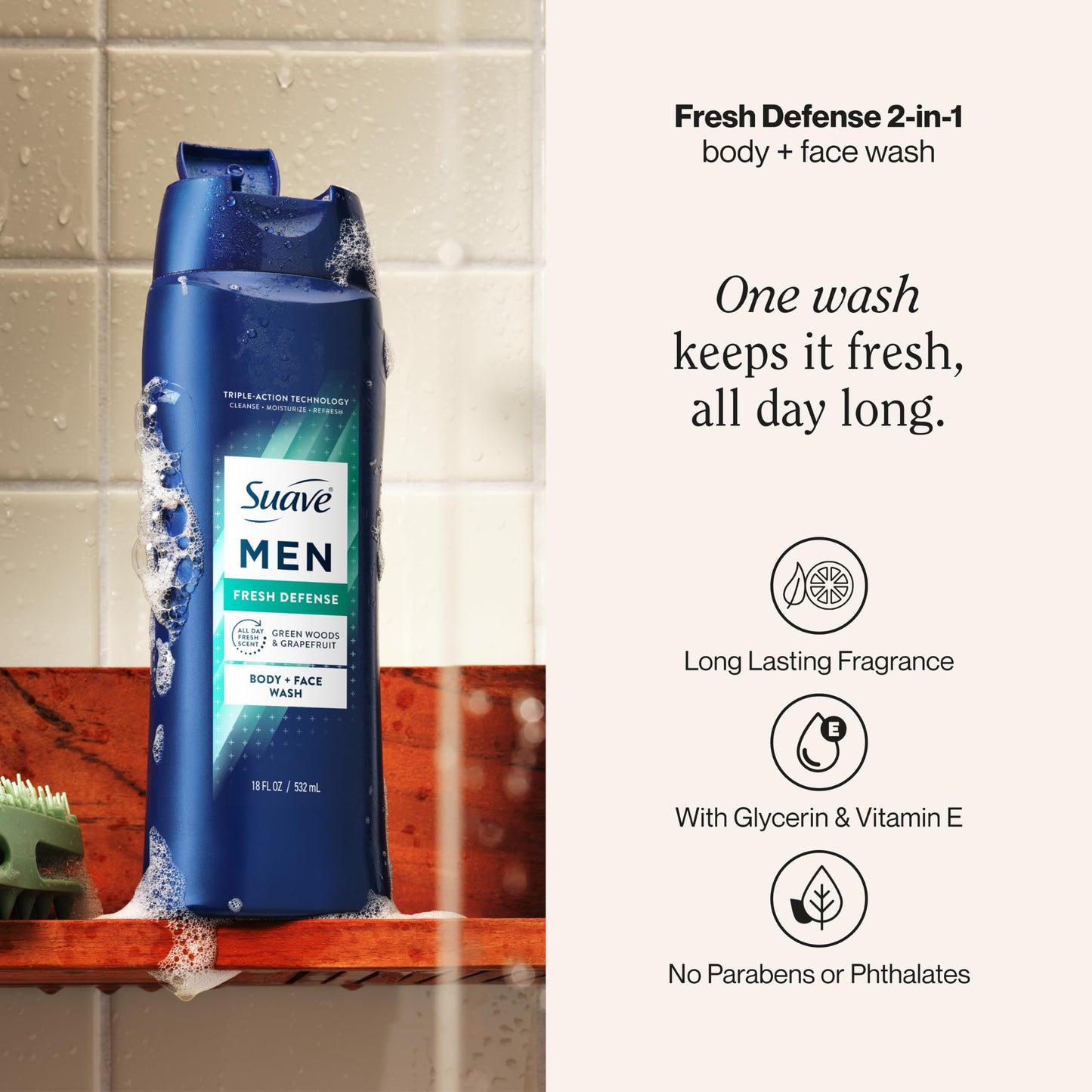 Suave Men Fresh Defense 2in1 Body & Face Wash with Glycerin & Vitamin E, Paraben & Phthalate Free, Cleanse, Moisturize & Refresh, Long-Lasting Fragrance, 18 FL OZ, 6 Count