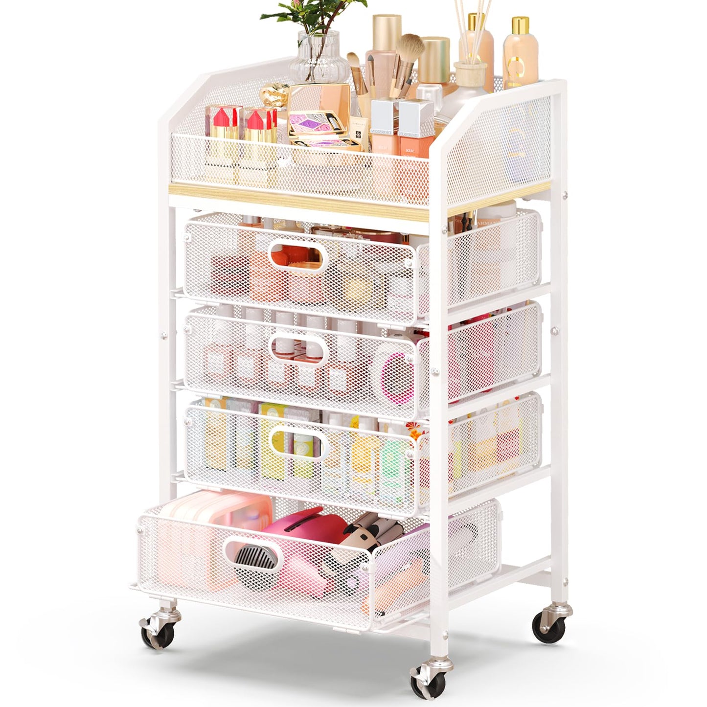 Goovilla Rolling Makeup Organizer Cart with Drawers, 5 Tier Metal Floor Skincare Vanity Organizers with Lockable Wheels, Make Up Storage Cart for Cosmetics Display, Nail Polish, Perfume, White