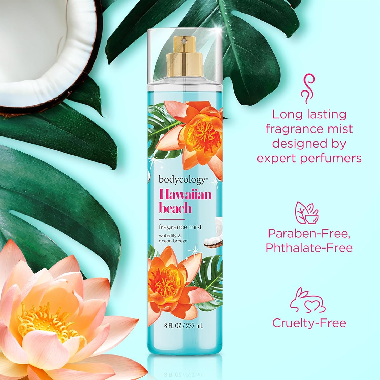 Bodycology Hawaiian Beach Body Mist - Long-Lasting Fragrance, 8 fl oz (Pack of 2)