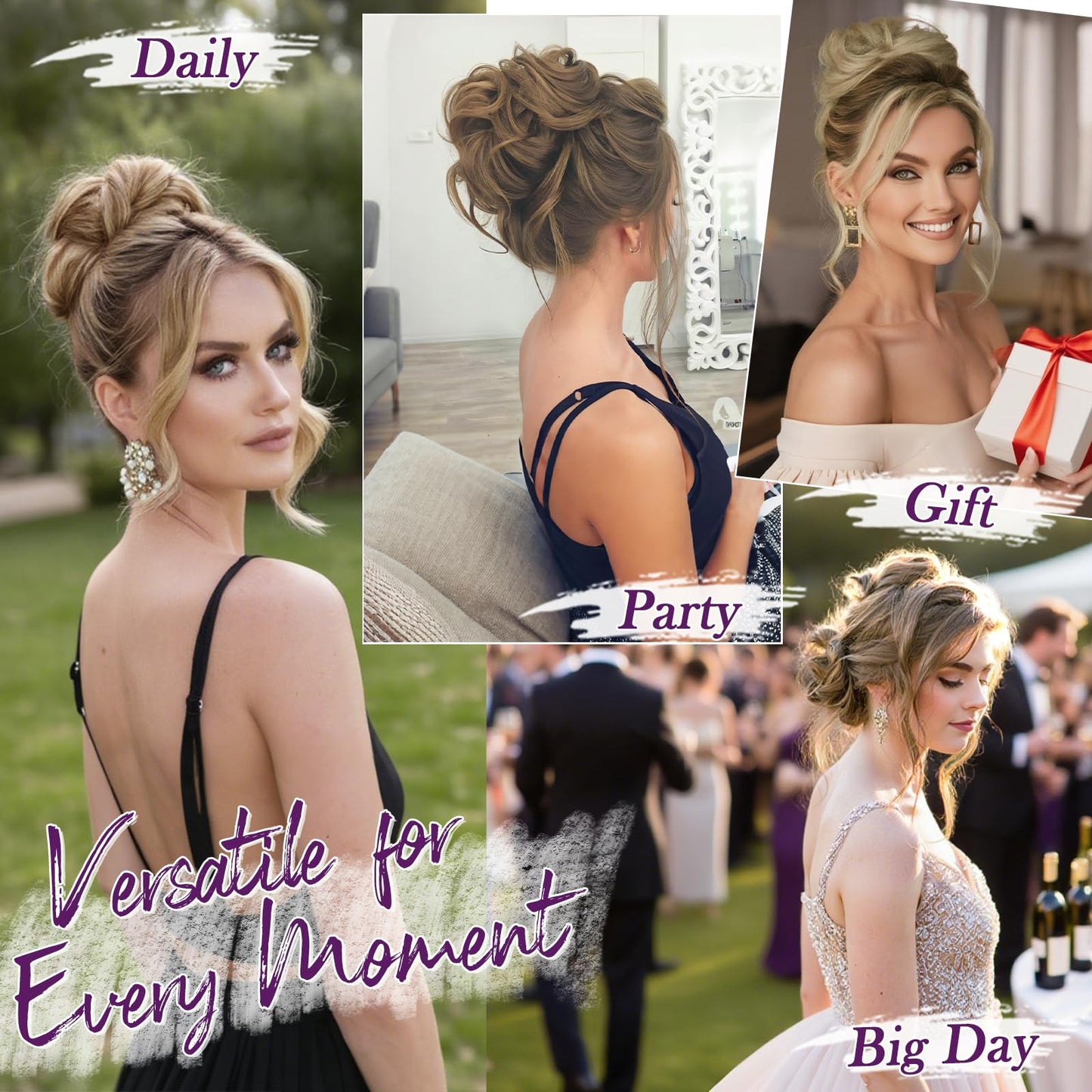 BARSDAR 100% Human Hair Bun Extension - Elastic Wavy Curly Messy Bun Scrunchies for Women - Brown Blonde Real Human Hair Updo Extensions Thick Fluffy Chignons Hairpieces - Brown mix Blonde
