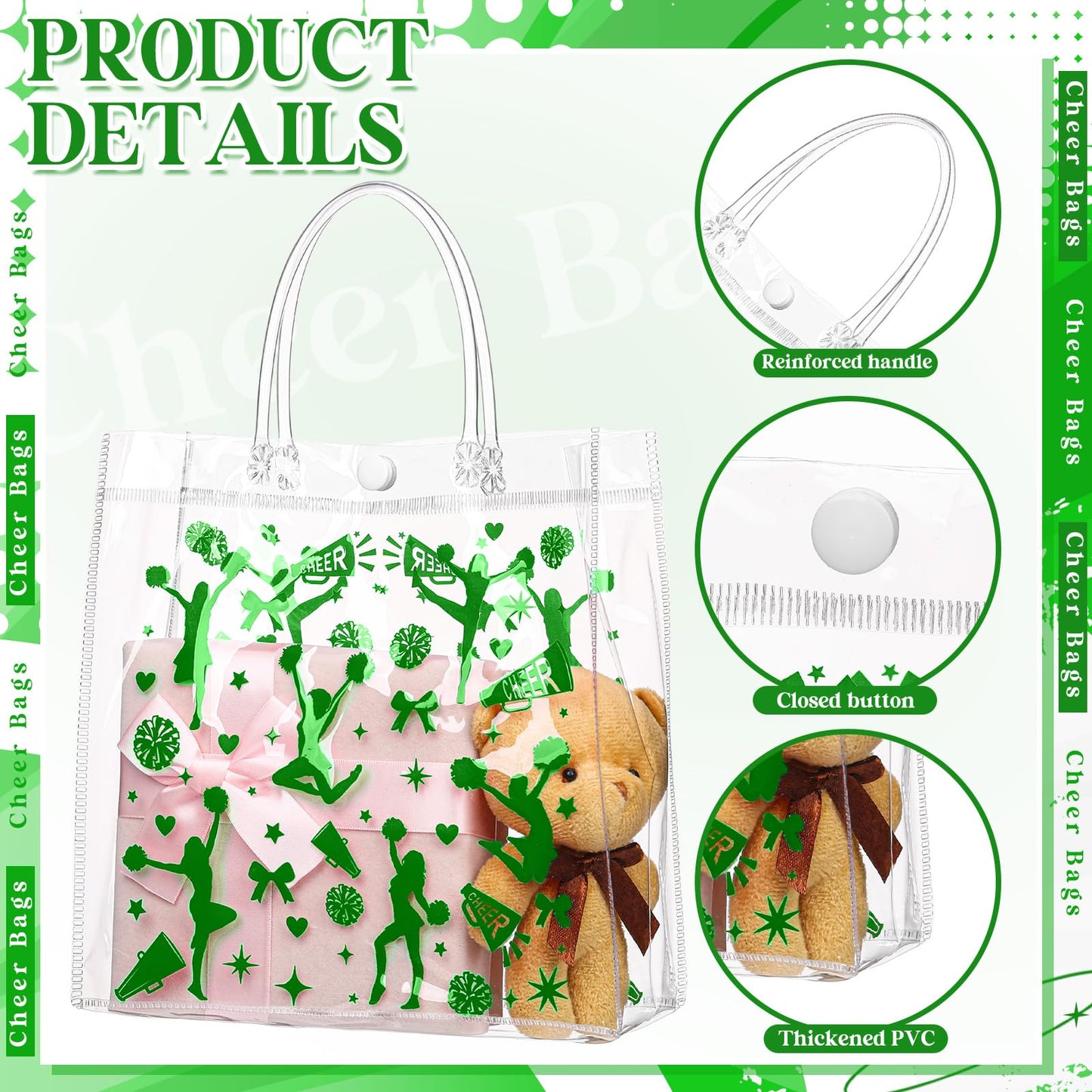 Sweetude 24 Pcs Cheer Clear Treat Bags with Handles for Cheer Team Cheerleader Gift Bag Bulk Cheerleader Party Supplies(Green)