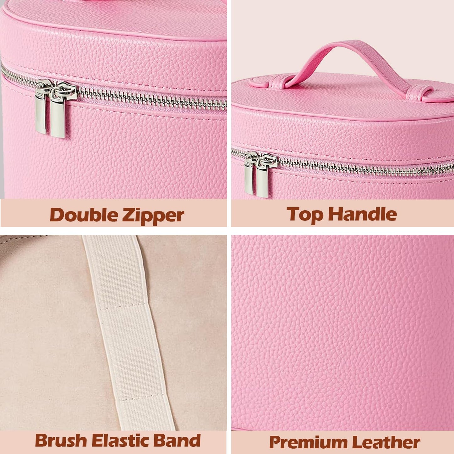 JOVOLIFE Makeup Case, Large Capacity Leather Makeup Bag with Removable Washable Compartment, Portable Waterproof Leather Cosmetic Case, Multi-functional Travel Organizer, Pink