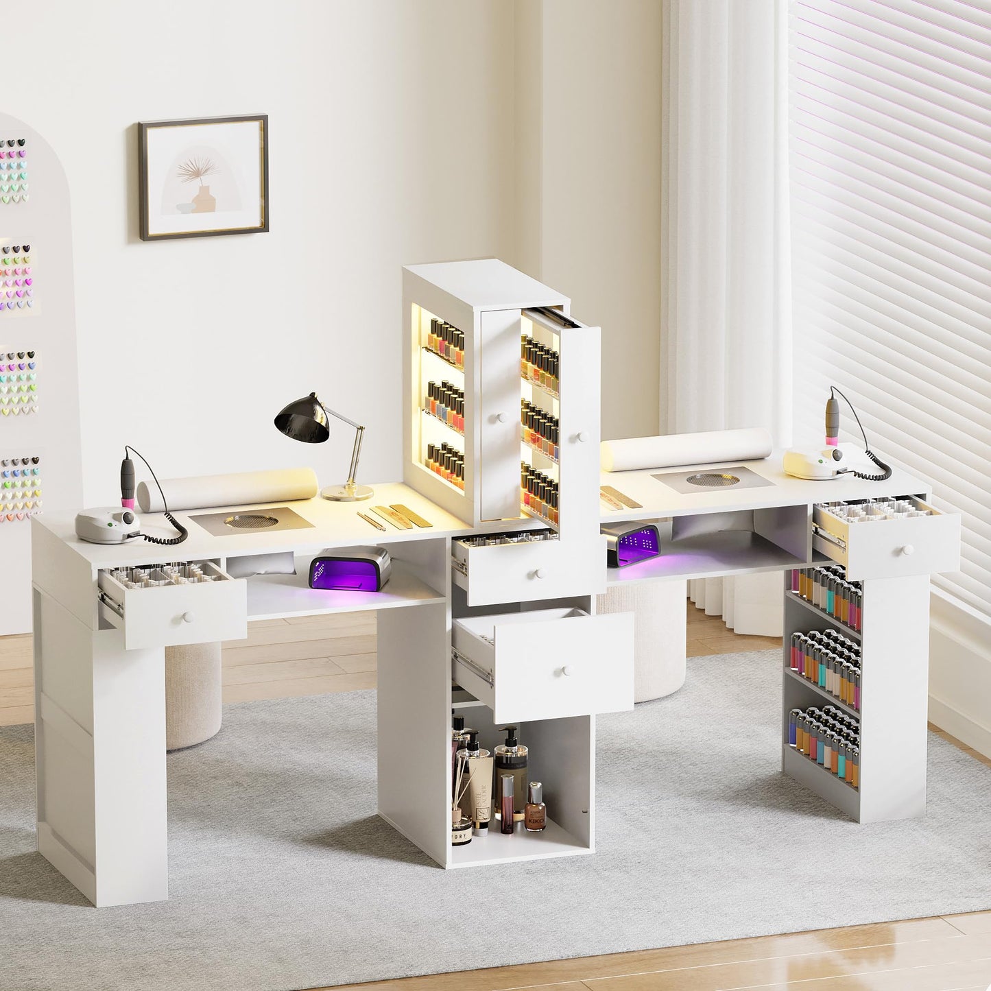 Kikihouse Double Manicure Table 76.5" Wide, 2 Person Nail Desk w/LED Light & Dust Collector, Professional Salon Workstation w/Storage Drawers, Hand Rest, for Nail Techs Beauty Salon