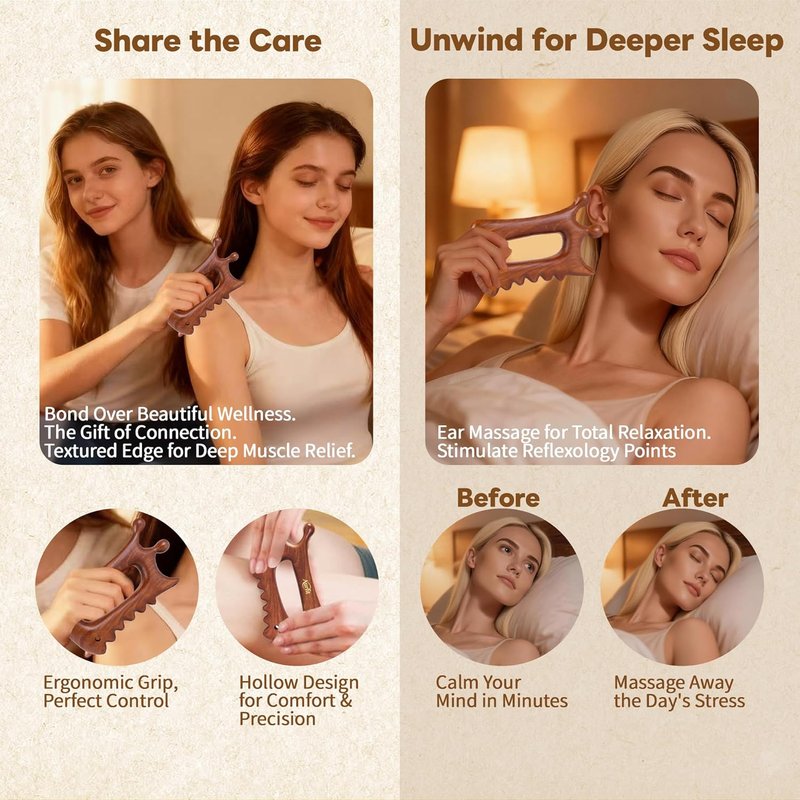 Wooden Gua Sha Massage Tool - Dual Trigger Point Acupressure Massager for Face & Body | Ergonomic Grip for Jawline & Neck Relief