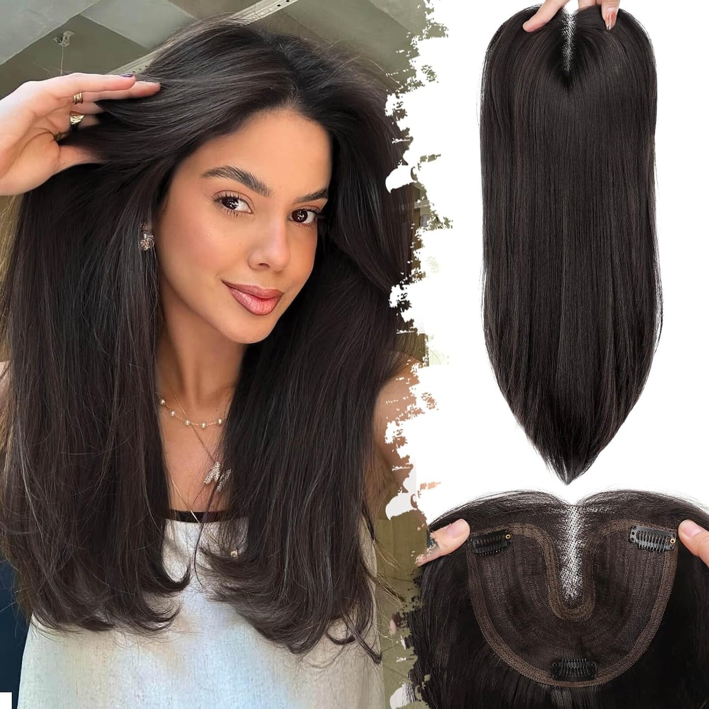 Ash Blonde Synthetic Hair Toppers with Platinum Highlights - 18" Long, 5x6" Base for Thinning Hair, Clip-In Wispy Bangs