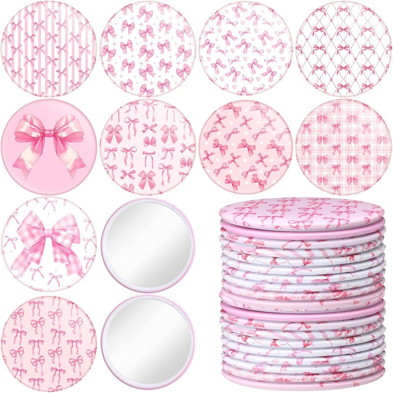 20 Pcs Pink Bow Compact Mirrors - 2.75 Inch Round Portable Makeup Mirrors | Party Favors & Gifts for Women