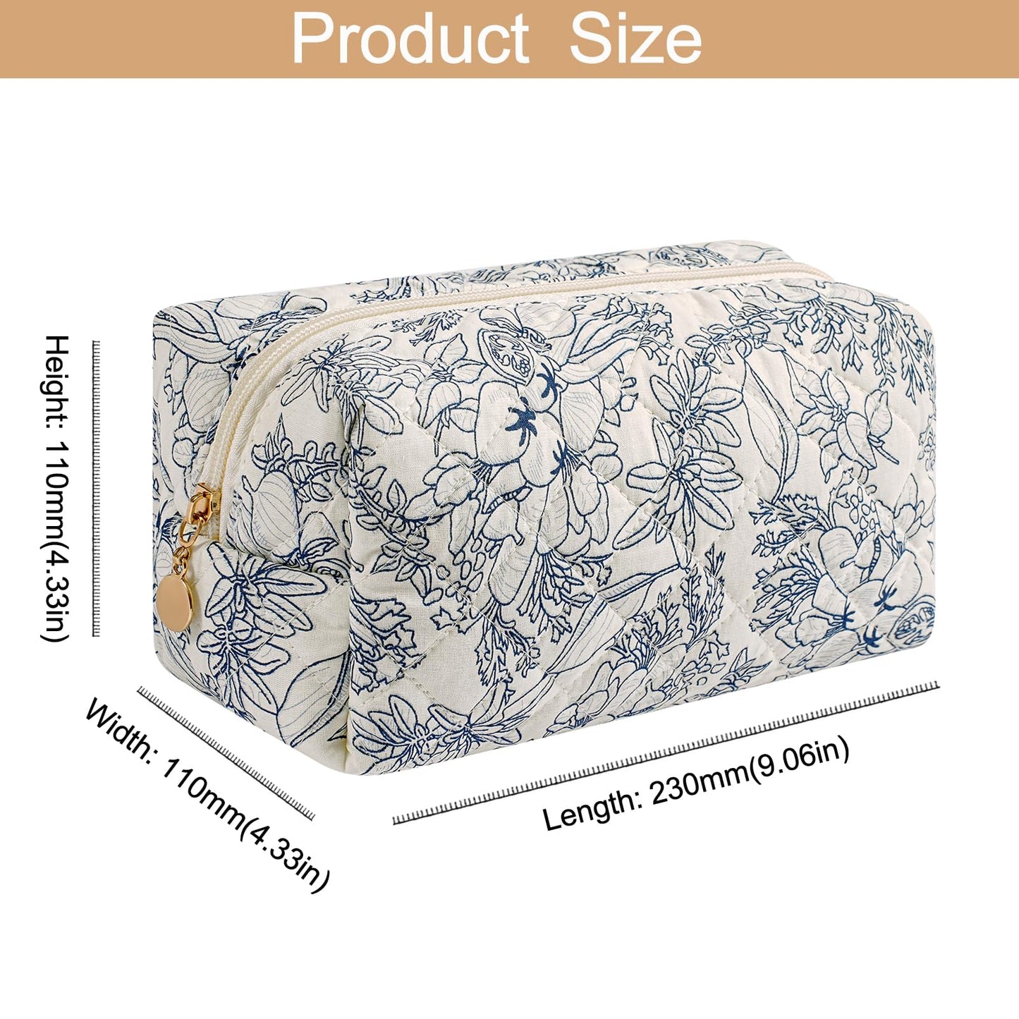 HHQQWZ Makeup Bag Travel Cosmetic Bag for Women Girls, Zipper Make Up Pouch, Floral Flowers Toiletry Organizer Makeup, Portable Storage Bag, Cosmetic Travel Cloth Bag (Navy Blue Flower)