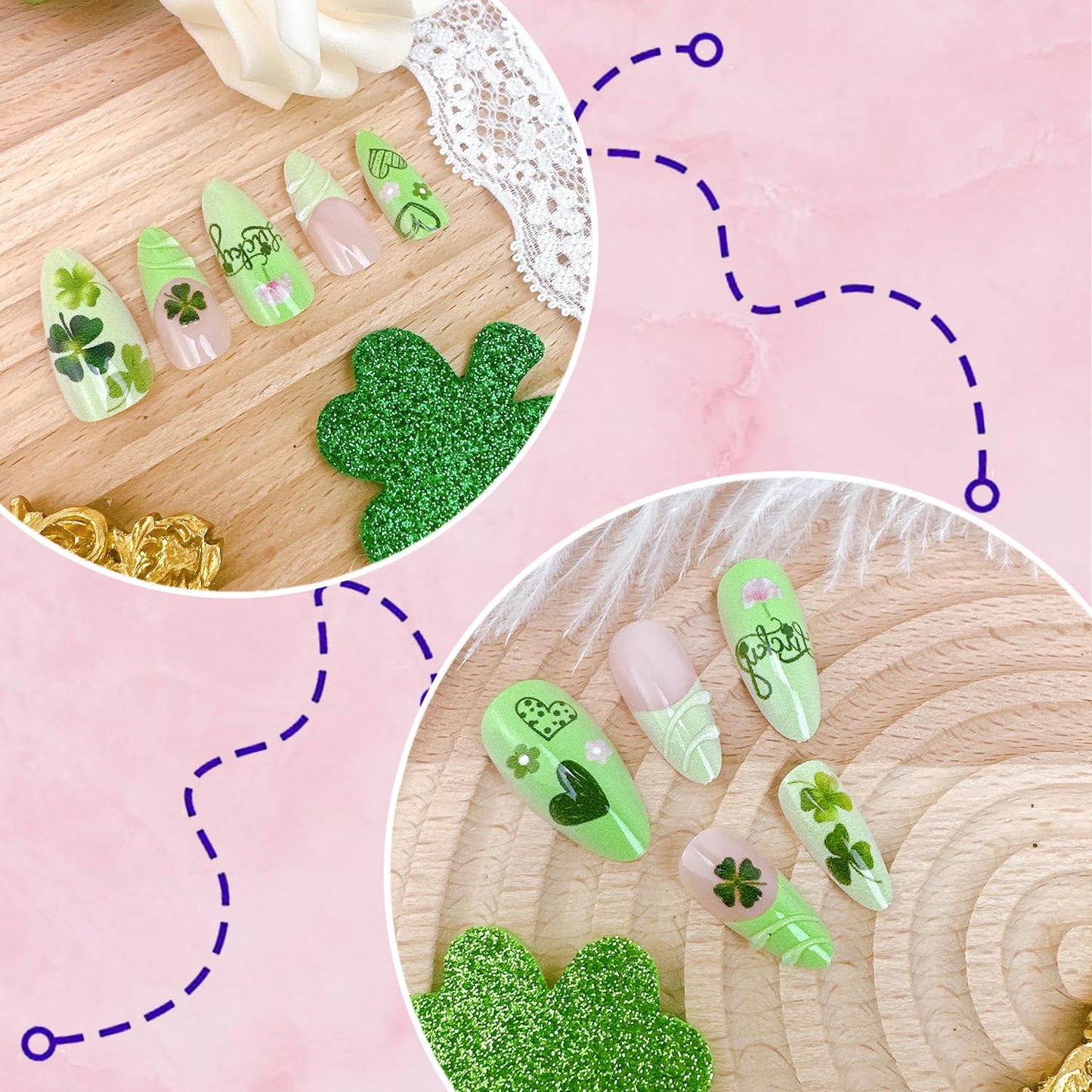 24Pcs St Patricks Day Press on Nails Medium Almond French Tip Fake Nails with 3D Designs Flower Shamrocks Acrylic Nails St Patrick's Day False Nail Irish Clover Full Cover Stick on Nails for Women