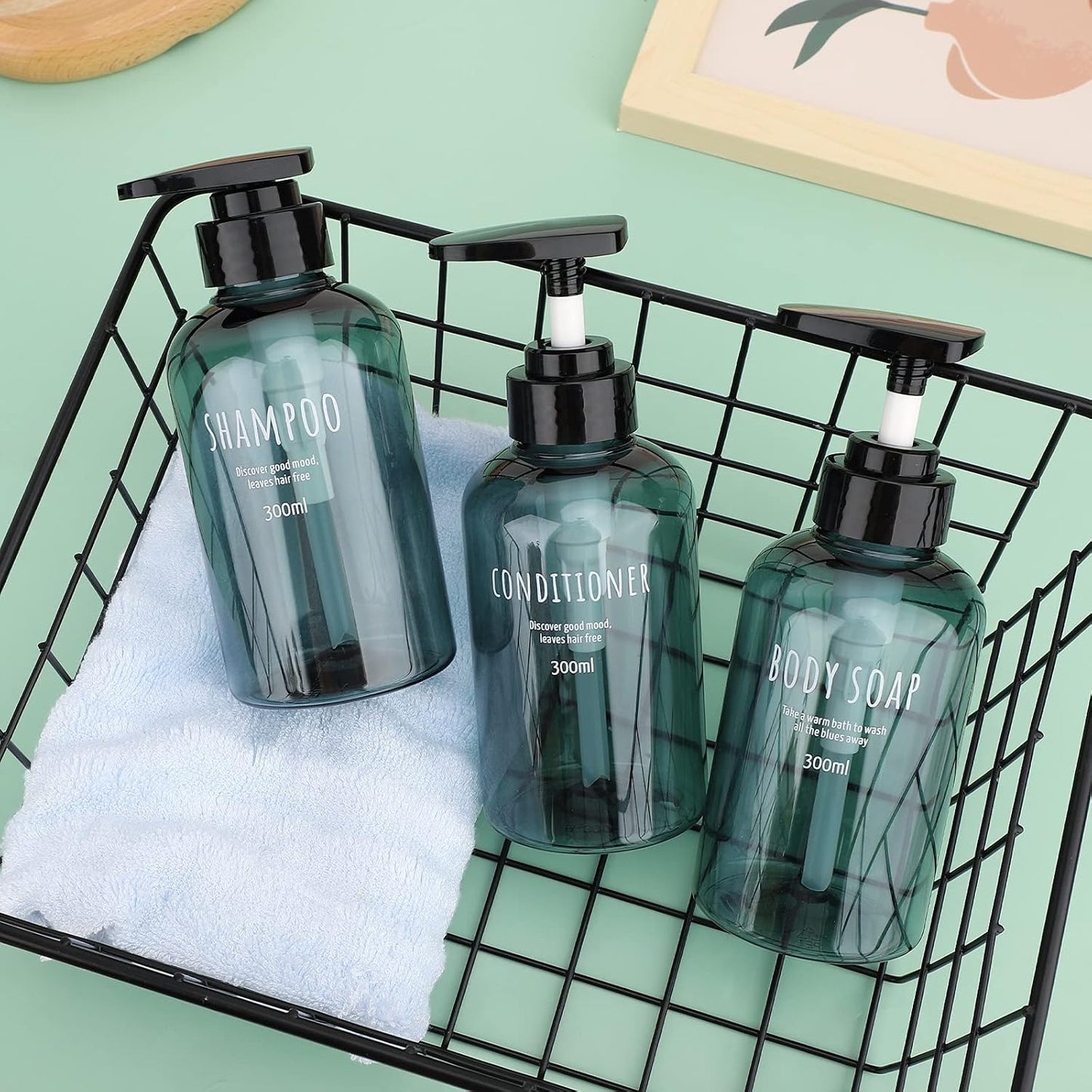 Shampoo and Conditioner Dispensers - 10oz Refillable Pump Bottles | 3-Pack Blue Plastic for Shower