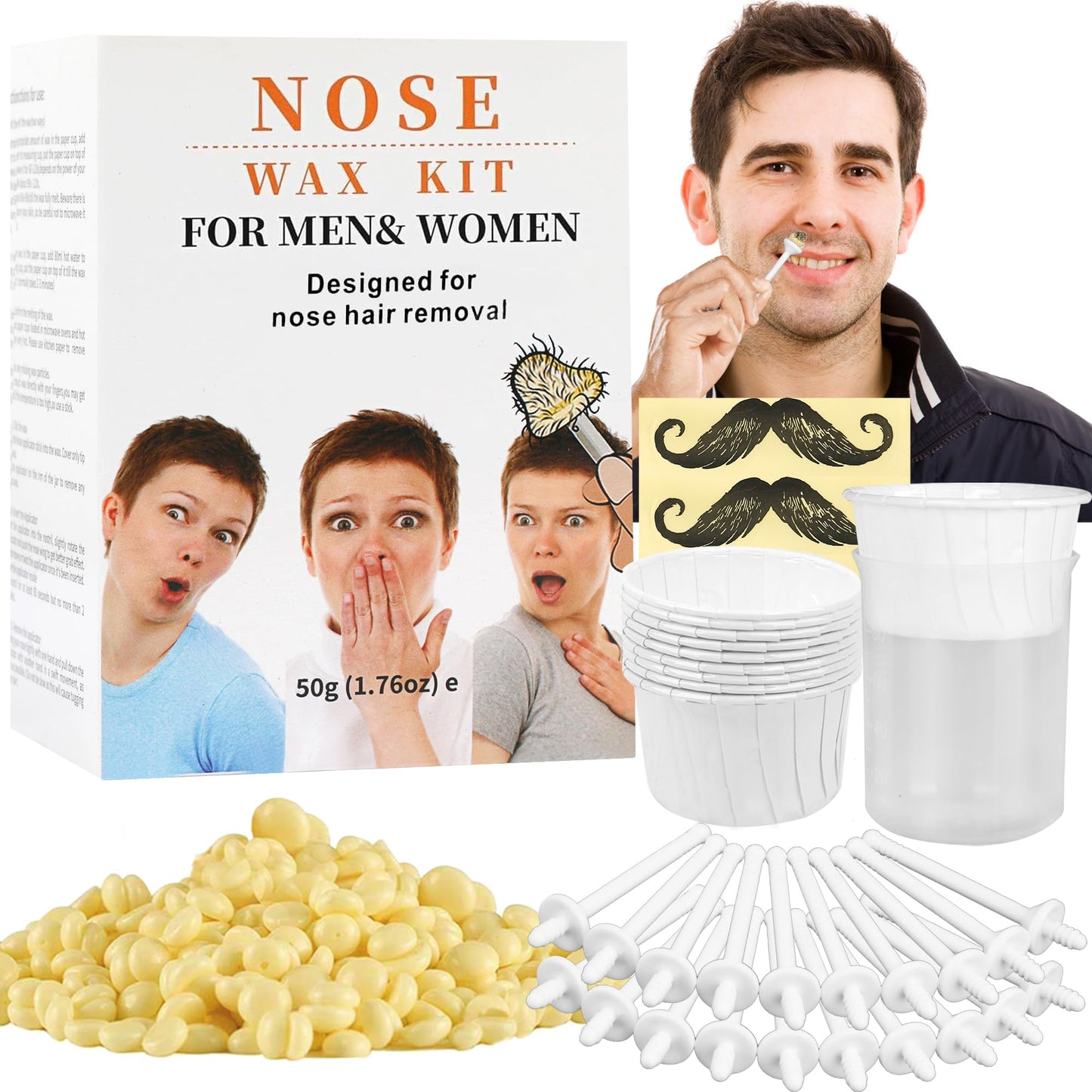 Nose Wax Kit Men, Nose Ear Hair Waxing Kit for Men and Women with 100g Wax, 45 Sticks, Nose Ear Hair Removal Kit, USB Fast Heat, Smart Constant Temp, Multi-Accessories, Black