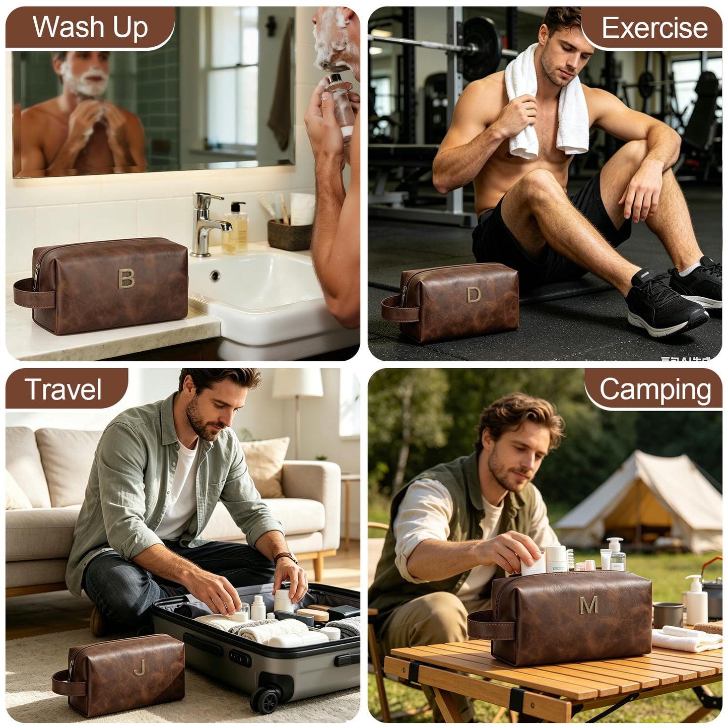 CLOUDWINGS Men’s Personalized Gift Initial Travel Toiletry Bag for Him PU Leather Waterproof Shaving Bag for Travel Essentials Birthday Gift for Dad Husband Boyfriend (P)