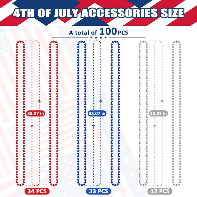 4th of July Accessories - 100PCS Patriotic Beads Necklace Set | Red, Blue & Silver Party Favors for Celebrations