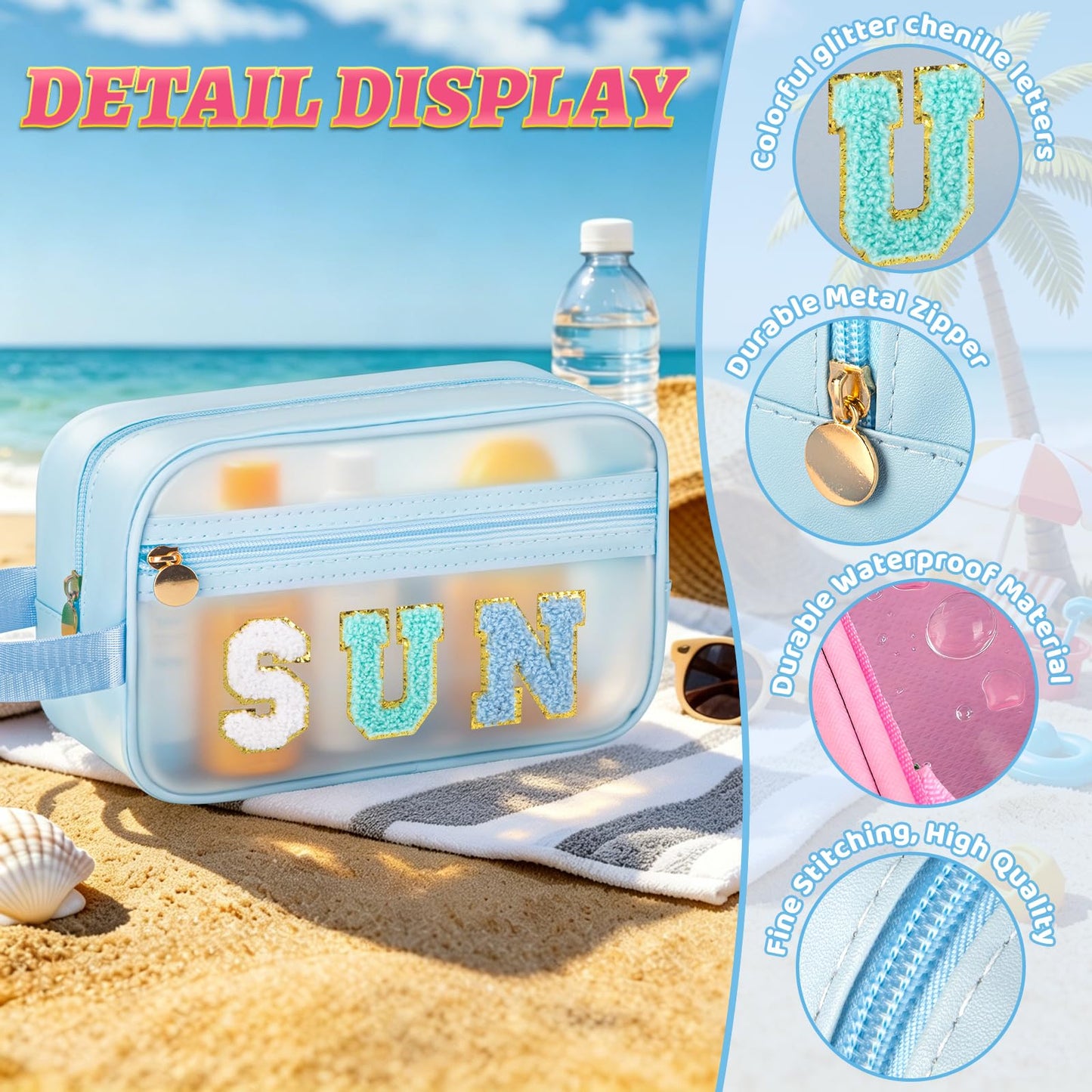 Kcjdd Clear Sunscreen Bags For Beach Pool With Handle, Waterproof Personalized Sun Bag Travel Toiletry Makeup Bag,Travel Beach Pool Summer Essentials SPF Bag For Women Girls(