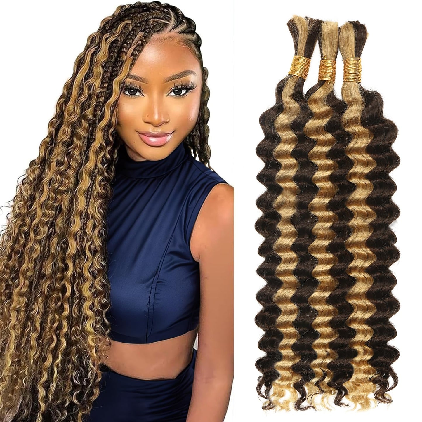 Human Braiding Hair - Ombre Deep Water Wave | 150g 16 Inch Curly Braiding Bundles, 1B/30 Highlights