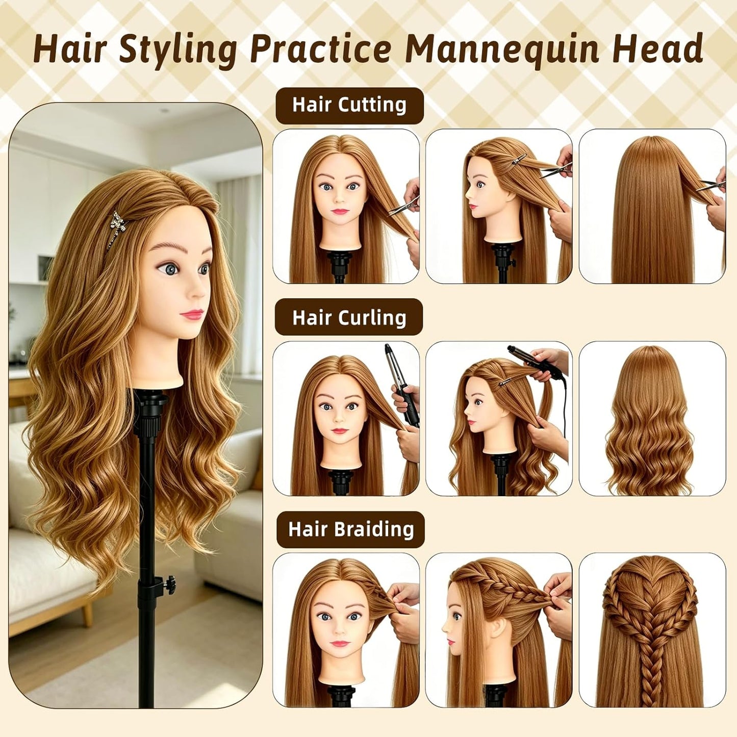 Mannequin Head - 90% Human Hair Styling Head for Cosmetology | 24" Hairdressing Training Doll with Table Clamp (Gold B)