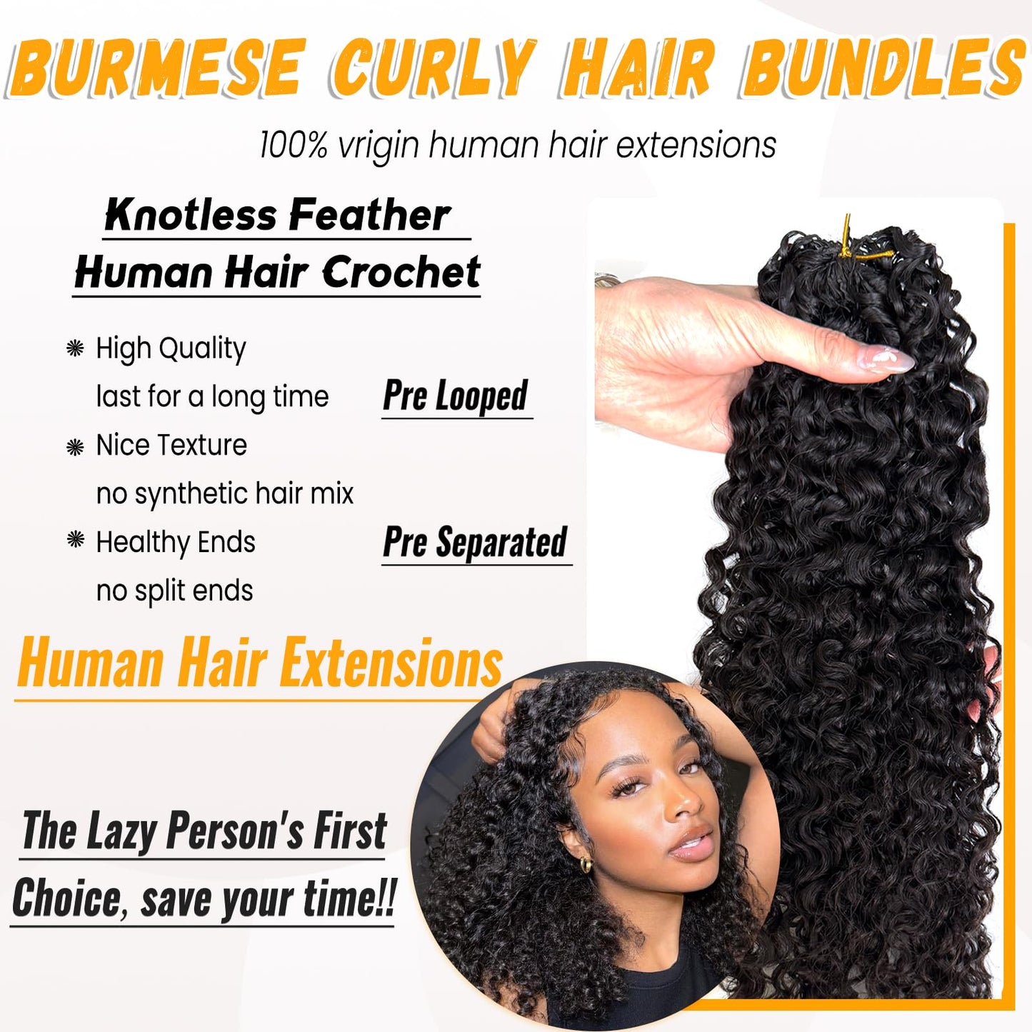 22 Inch Feather Crochet Human Hair Pre Separated Burmese Curly Crochet Bundles Human Hair Extensions Invisible Knotless Pre Looped Human Crochet Hair for Black Women 60G