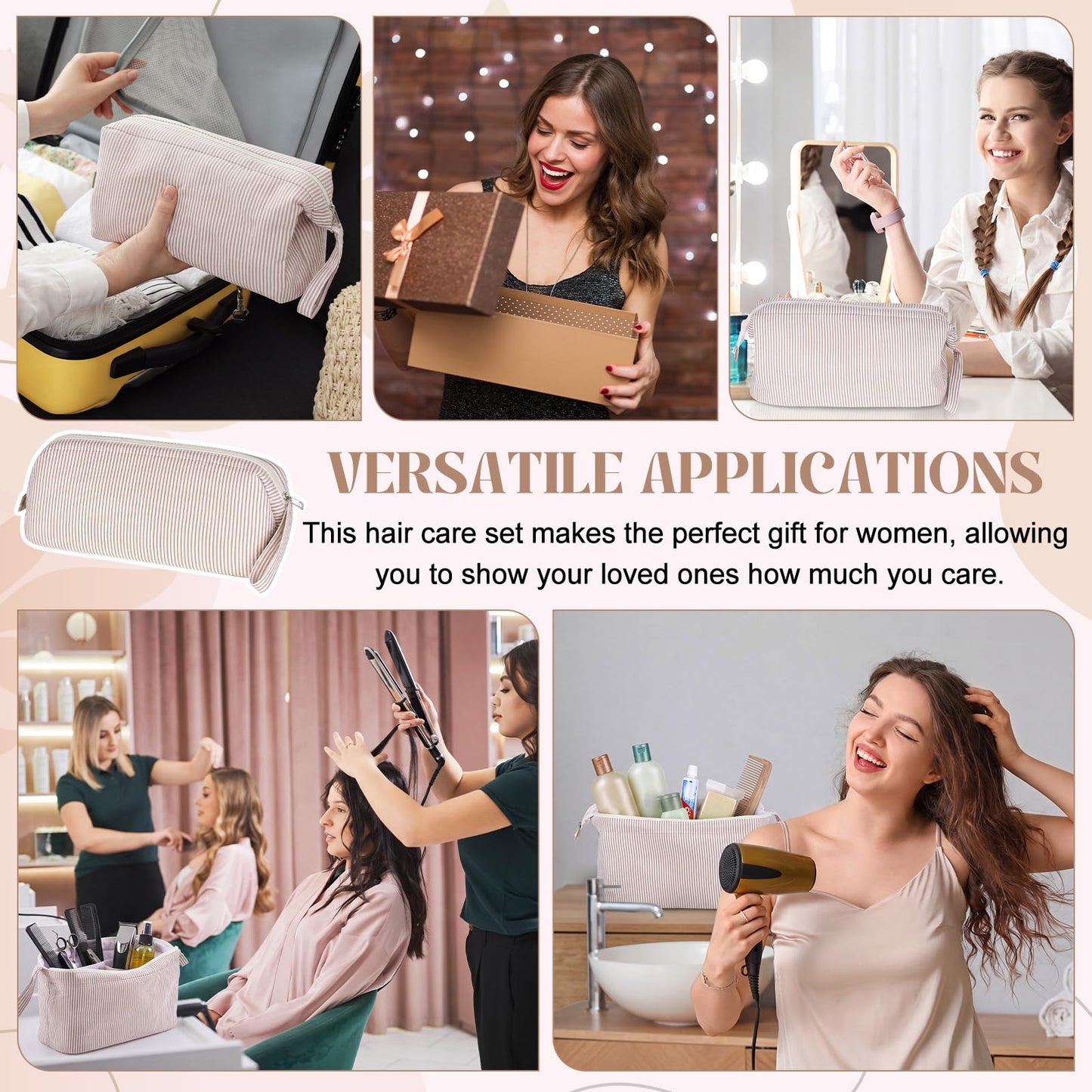 Huhumy Hair Tools Travel Bag with Handle, Large Khaki Striped Seersucker Wide Open Quilted Hot Styling Tool Organizer for Hair Dryer, Curling Irons, Flat Irons, Haircare Accessories Travel Necessities