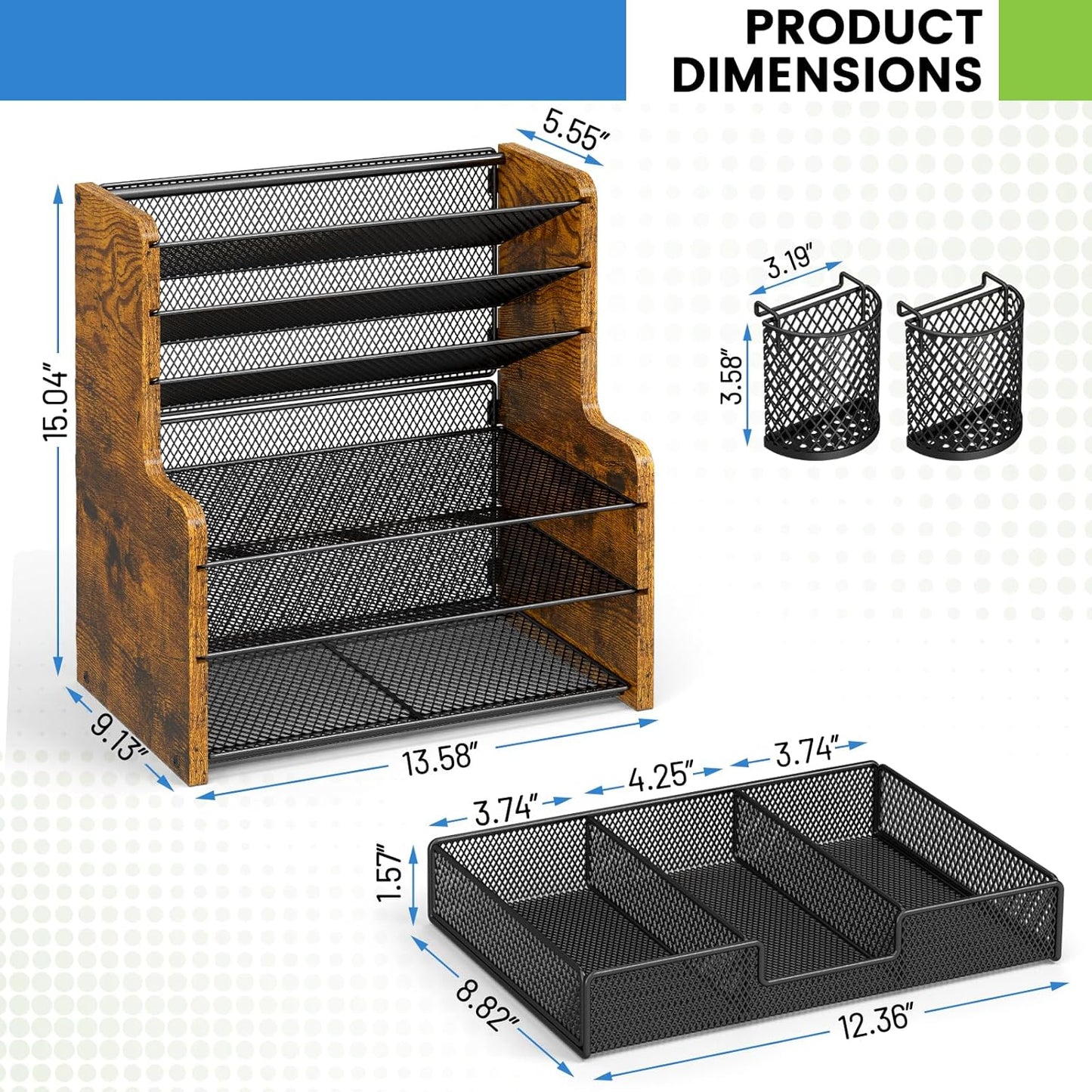 6-Tier Mesh Desk Organizer with Drawer | Sturdy Wooden Office Organizer for Papers & Folders - Space-Saving Design