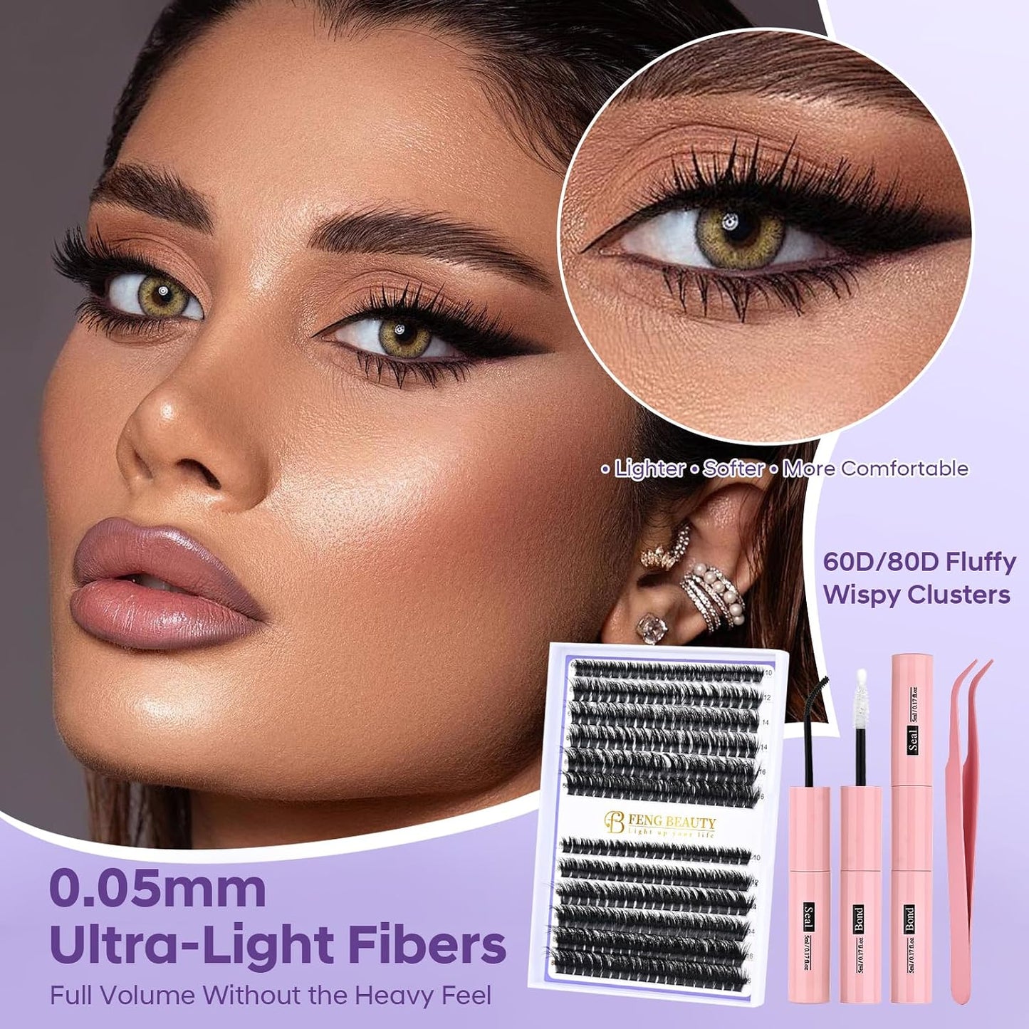 Ultra-Light Lash Clusters Kit - 240PCS Fluffy Wispy Volume | 10-16mm Mixed Lengths, Bond & Seal, Waterproof