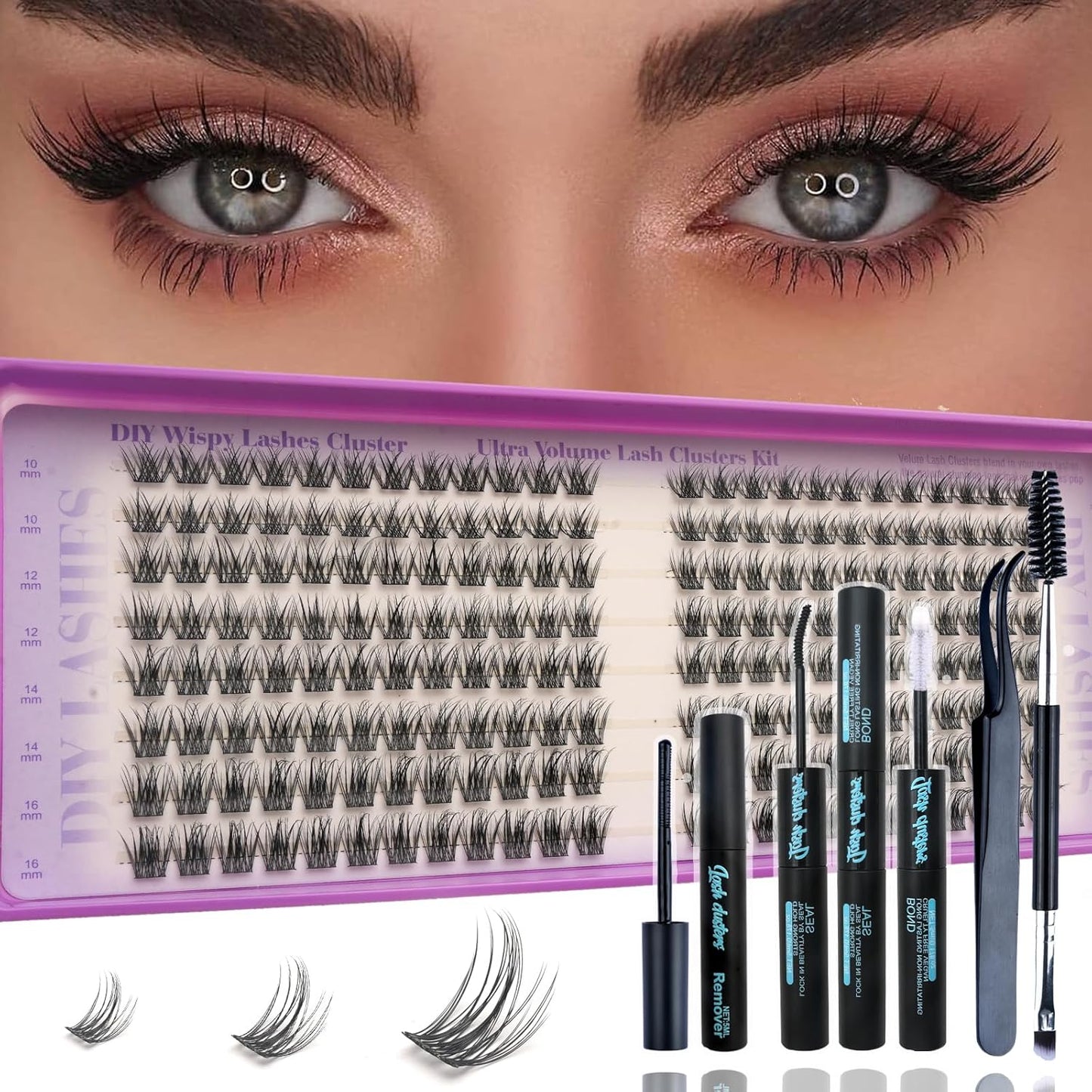 Natural Lash Cluster Eyelash Extensions Kit - 320 Pcs C Curl 10-16mm Fluffy False Lashes | DIY Beginner-Friendly Set with Bond Seal, Remover & Tweezers