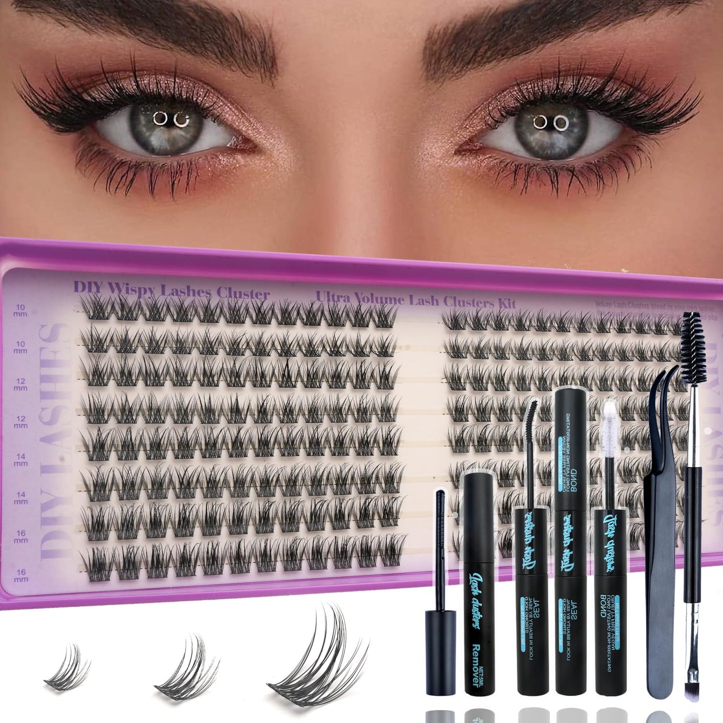 Wispy Lash Clusters Kit, Natural Lash Cluster Eyelash Extensions 192 Pcs C Curl 10-16mm Individual Fluffy False Eyelashes Thin Band DIY Kit for Beginners at Home with Bond Seal Remover Tweezers Brush