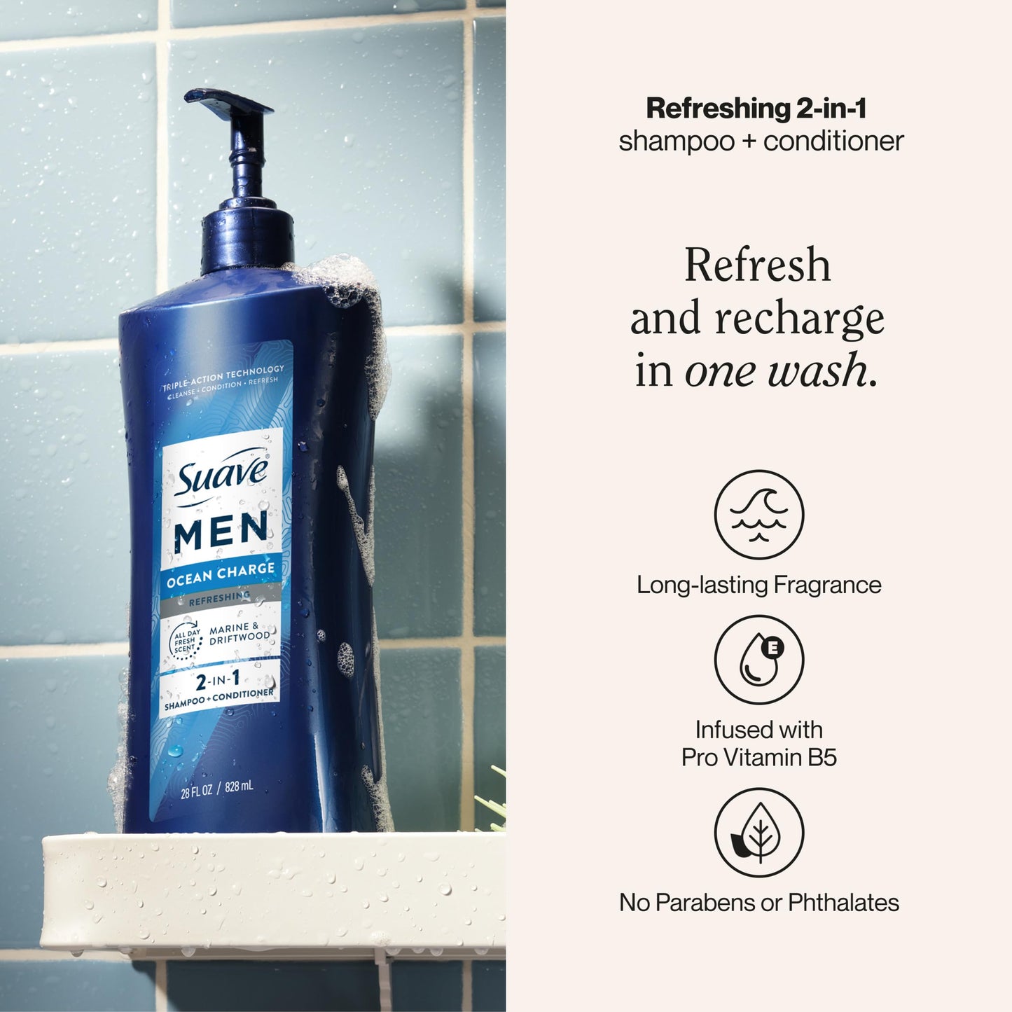 Suave Men Ocean Charge 2 in 1 Refreshing Shampoo & Conditioner with Pro Vitamin B5, Hydrates & Revitalizes Hair, Ocean Fresh Scent, 4 Count, 28 FL OZ Pump