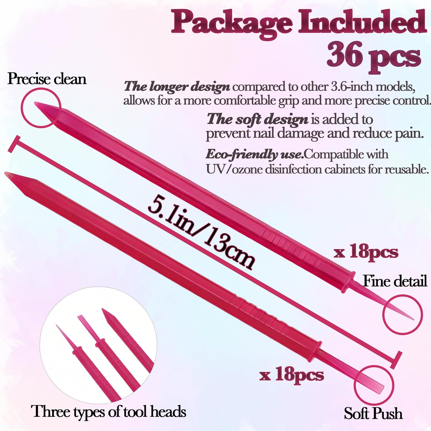 36Pcs Plastic Cuticle Sticks for Nails,Double Sided Cuticle Pusher Bulk,Nail Cleaner Tools for Manicure,3-Tip Dotting Tool for Gel Polish,Crafts 5.1 Inch,Hot Pink