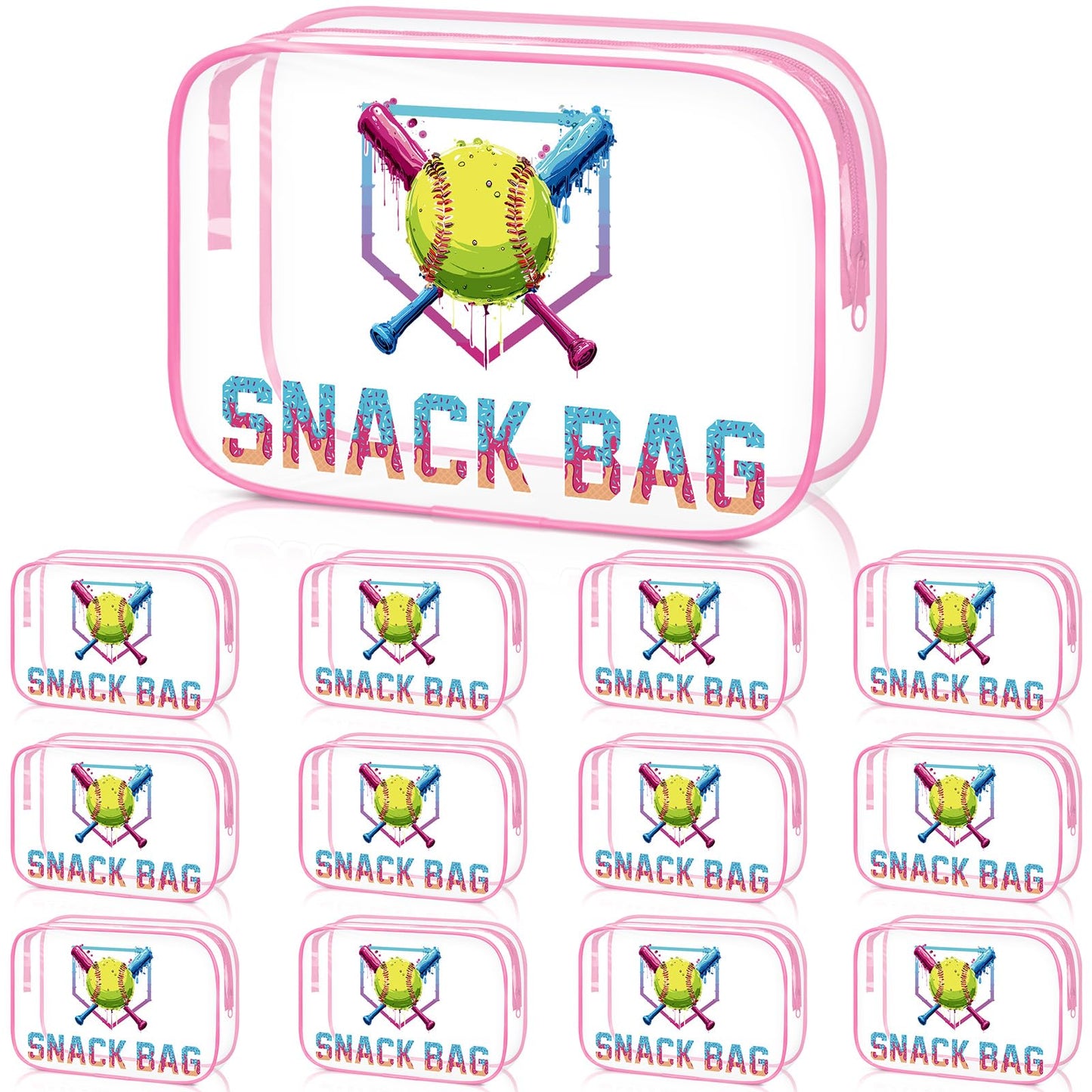 Sunnymove 12 Pcs Softball Party Favors Ice Cream Drip Snack Bags Cute Sport Gifts for Girls Women Makeup Bag Bulk Clear PVC Cosmetic Case Travel Handbag for Team Gift, 7.09 x 4.72 x 2.36''