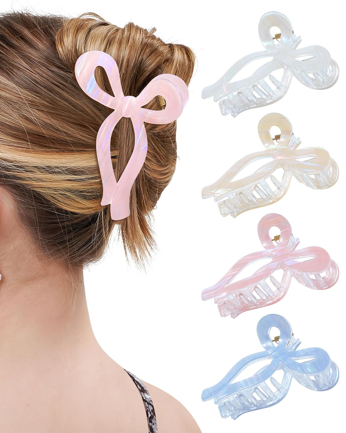 Bow Hair Claw Clips - 4 Pack Nonslip Large Grip for Women | Strong Hold Hair Jaw Clamps in Black, Burgundy, White, Red Polka Dots