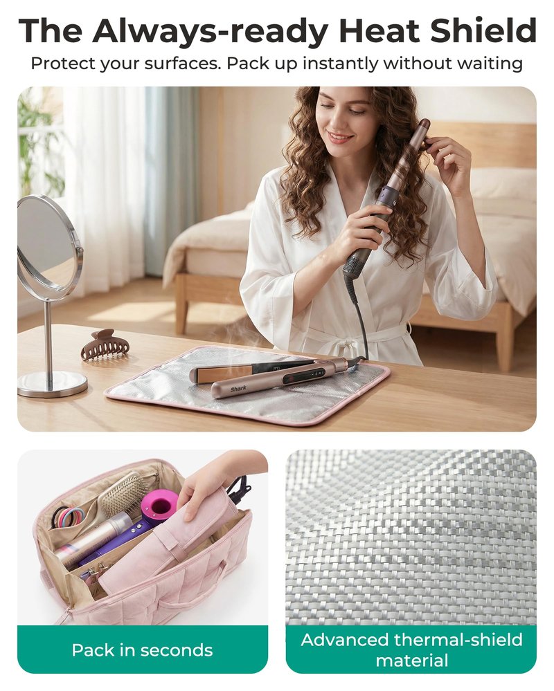 BAGSMART Hair Tool Organizer Travel Bag Compatible with Dyson Airwrap, Shark Hair Dryer, Wide-open Accessories Organizer with Heat Resistant Mat, Makeup Bag for Dyson Attachments, Curling Iron, Pink