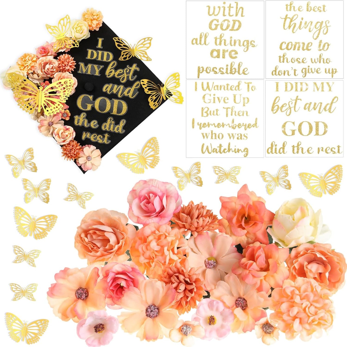 Graduation Cap Decoration Kit - 36 Pcs with Faux Flowers, Glitter Stickers & 3D Butterflies | Blue Inspirational Themes