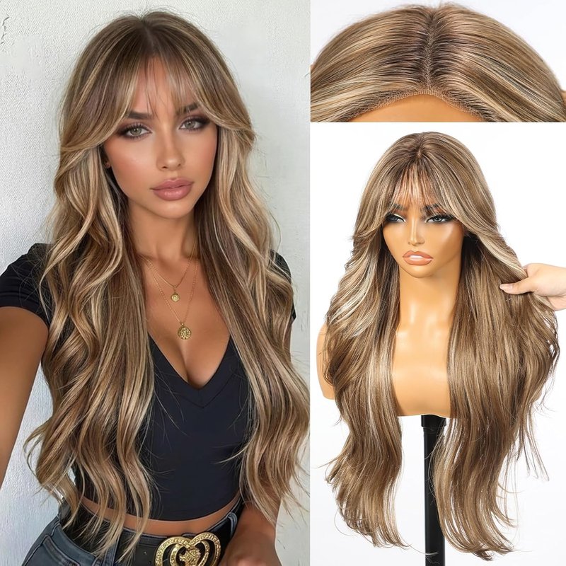 Ash Brown Highlight Synthetic Lace Front Wig - T Part Glueless Layered Wavy Style with Bangs | 26 Inch Heat Resistant for Daily & Party Use
