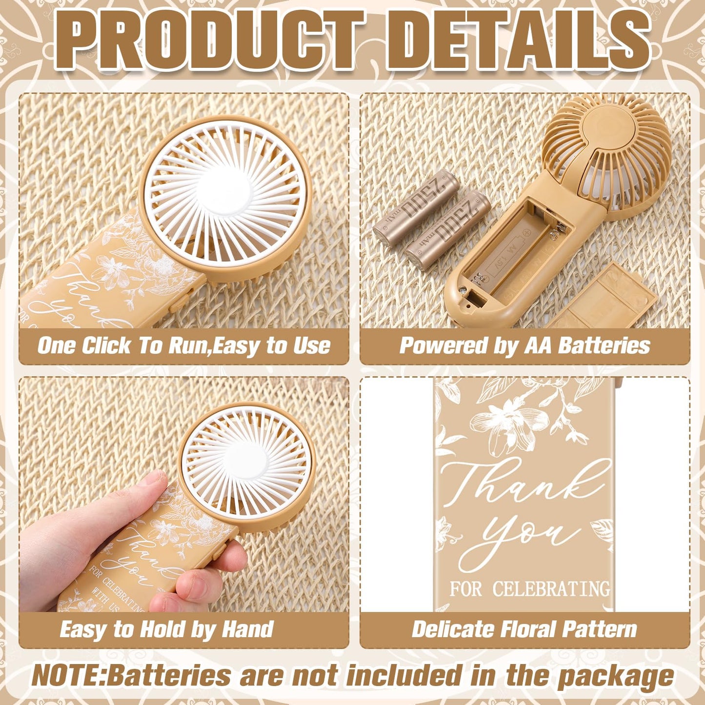 Tujoe 100 Pcs Wedding Handheld Fans for Guests Mini Personal Portable Fans Bulk Thank You for Celebrating with Us Fan for Wedding Bridal Shower Party Favors Summer Travel (Beige Botanical Lace)