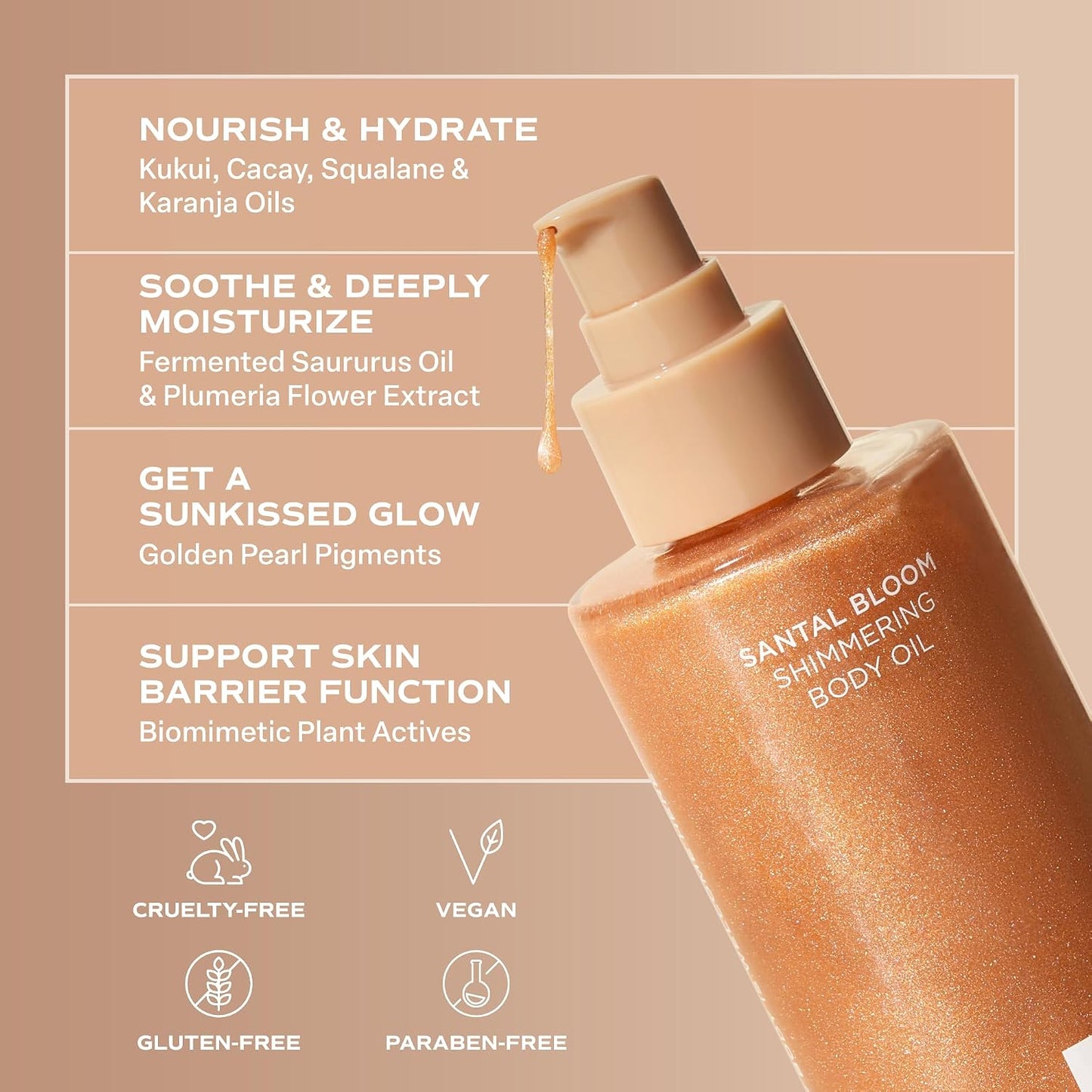 Shimmering Body Oil - Santal Bloom Scented Moisturizer with Light-Reflecting Pearls | 4 Fl Oz