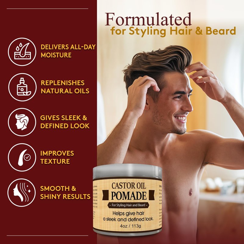 OKAY | Men's Castor Oil Beard and Hair Pomade | For All Hair Types & Textures | All Day Hold | Sleek, Defined Look | Free of Silicone & Paraben, Gray, 4 Oz