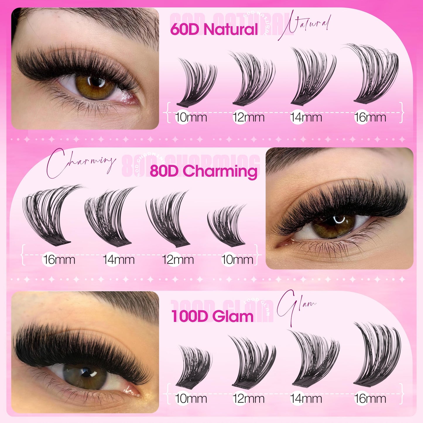 Delyneph Lash Clusters Kit 60D 80D 100D Wispy Cluster Eyelash Extensions Kit CD Curl Eyelash Clusters Kit Fluffy Cluster Lashes Natural Pestañas Postizas Naturales with Lash Bond and Seal
